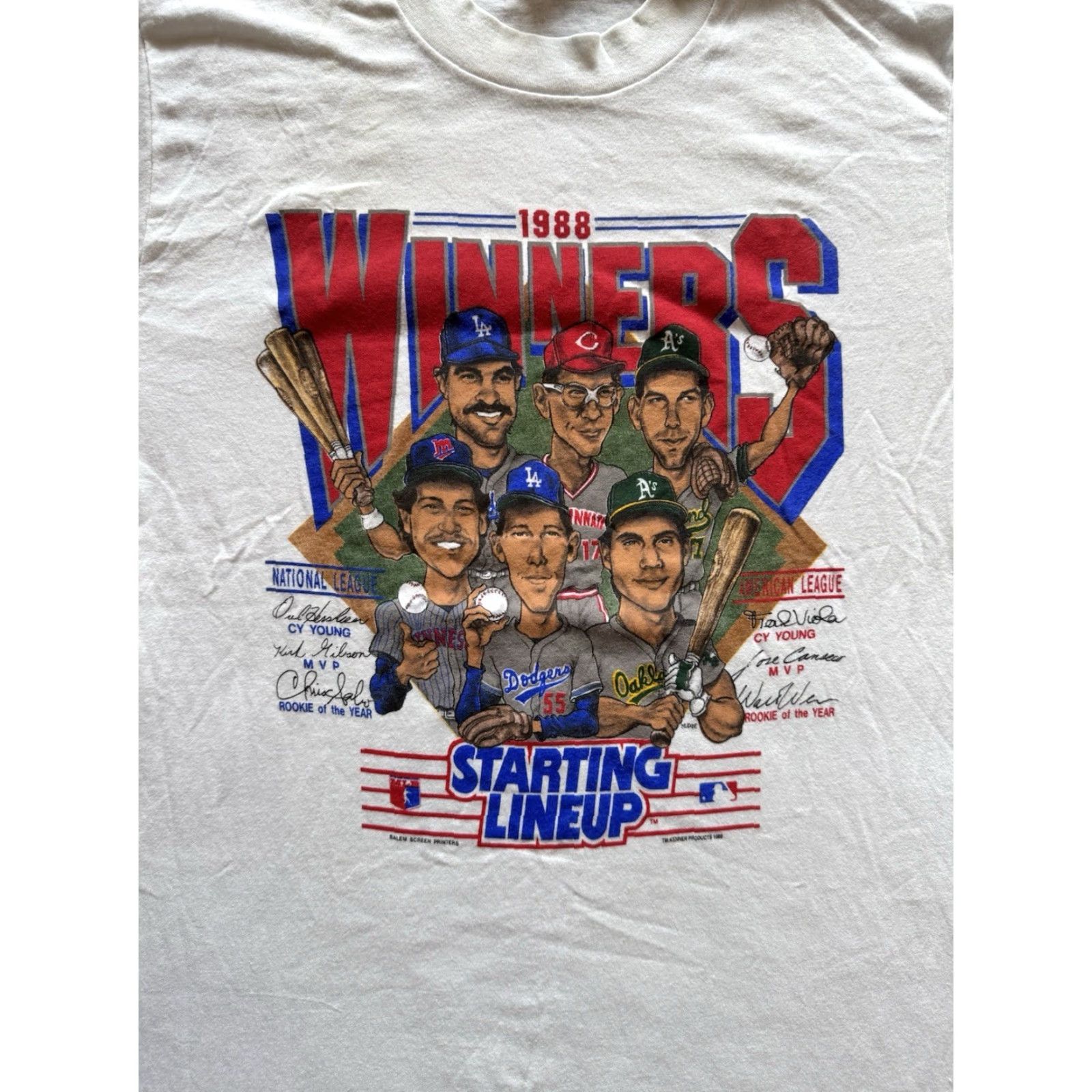 Salem Sportswear VINTAGE 1980S Starting Lineup Winners T-Shirt L White Salem Sportswear Men 80s Cartoon Sports Logo Crew Neck Short Sleeve MLB Jose Conseco Kirk Gibson Size US L / EU 52-54 / 3 - 2 Thumbnail
