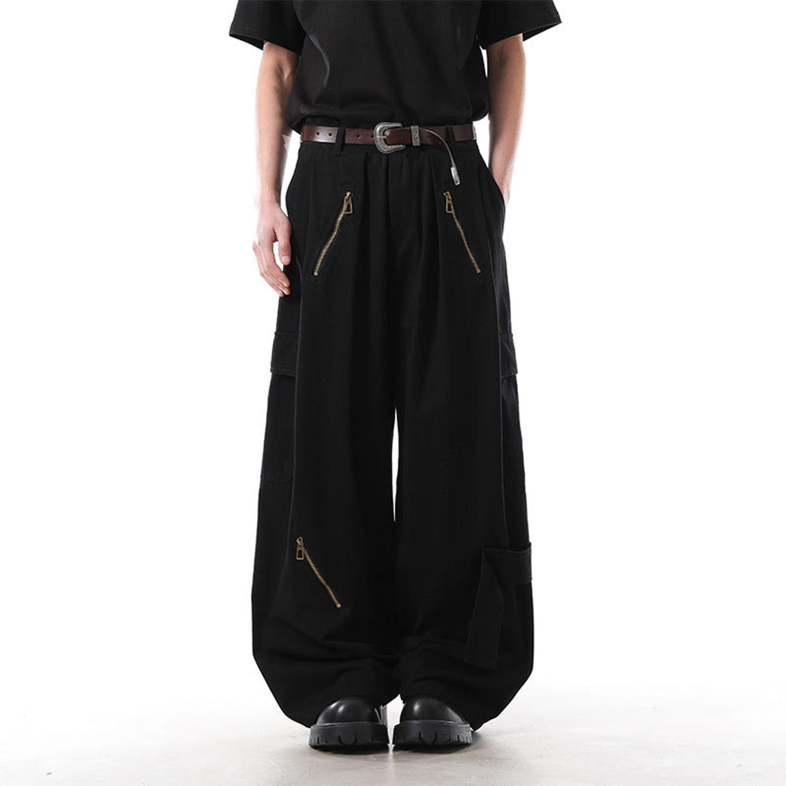 Vintage Black Wide Leg Cargo Pants, Loose Fit Zipper Detail Pants Size US 32 / EU 48 - 2 Thumbnail