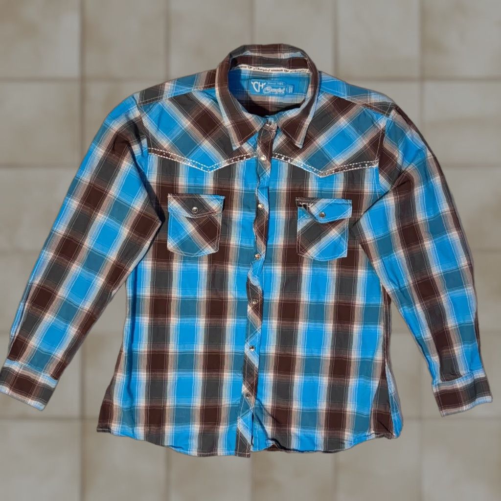 Vintage Cowgirl Hardware Shirt - L Blue & Brown Plaid Western Bling Snap Button-Up Womens Regular Long Sleeve Cotton Knit Classic Western Blouse Size L / US 10 / IT 46 - 1 Thumbnail