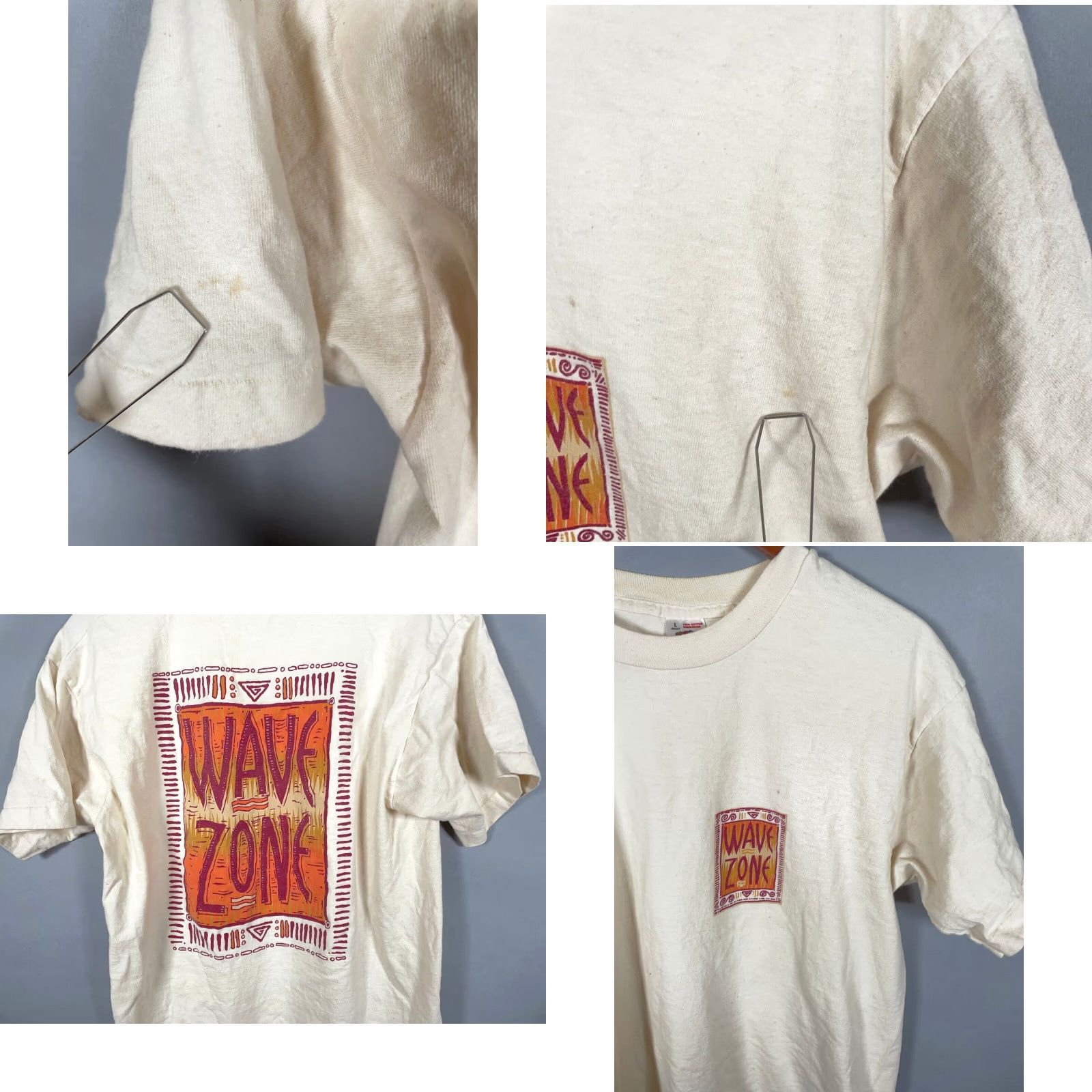 Fruit Of The Loom Vintage 90s Wave Zone T-Shirt Adult Medium Ivory Double-Sided Surf Beach Retro Cotton Men's Size US M / EU 48-50 / 2 - 8 Thumbnail
