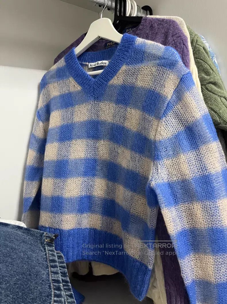Acne Studios Acne Studios Blue Plaid V-Neck Sweater with 55% Mohair, 30 Size S / US 4 / IT 40 - 1 Thumbnail