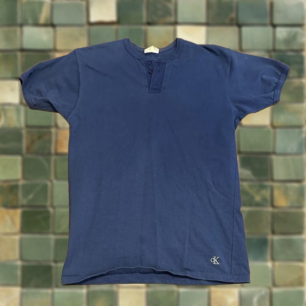 Calvin Klein VINTAGE Calvin Klein Henley Shirt Large Ringer Blue 90s Mens Size US L / EU 52-54 / 3 - 1 Thumbnail