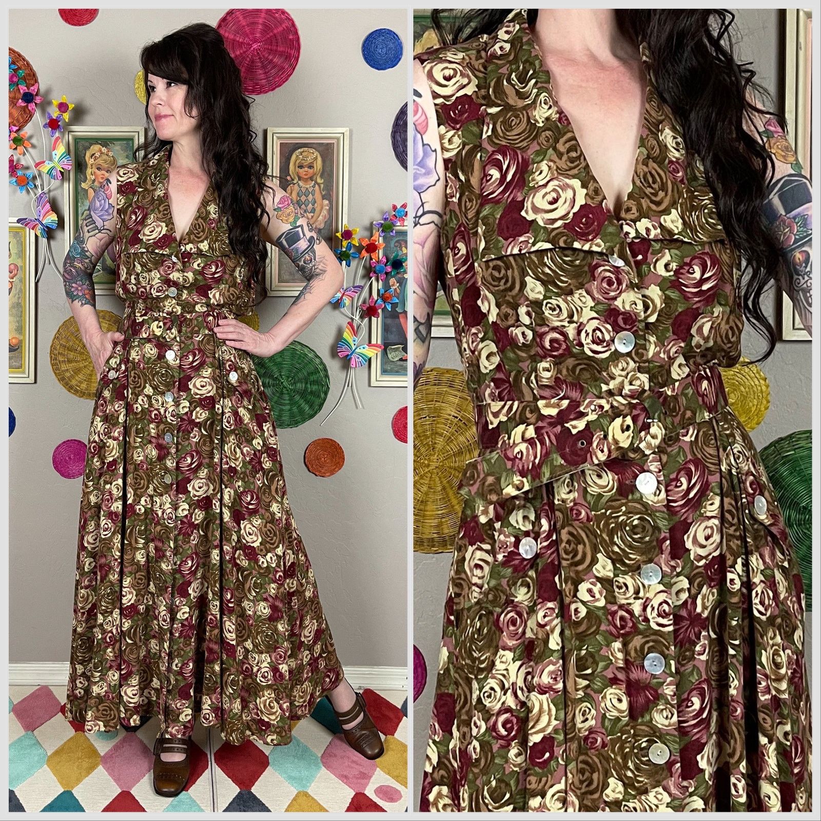 Vintage Vintage 80s Brown Floral Sleeveless Button Front Midi Dress Size M / US 6-8 / IT 42-44 - 1 Thumbnail
