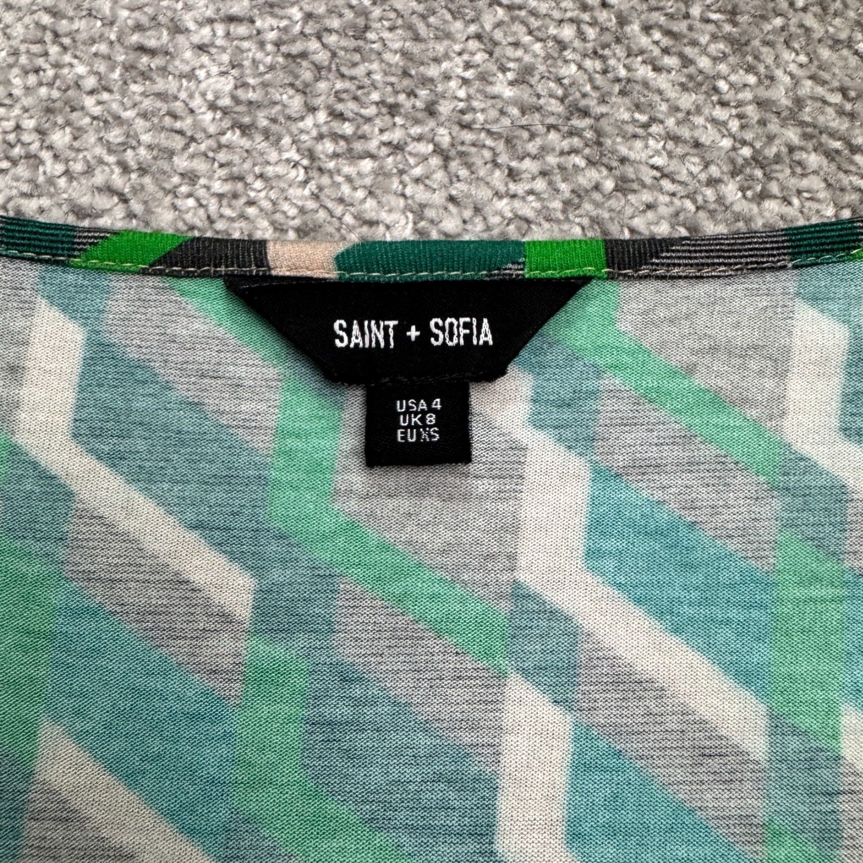 Vintage Saint + Sofia Geometric Chevron Midi Wrap Dress Womens 4 Green Asymmetric Hem Long Sleeve Square Neck Belted Dress Wrap Size S / US 4 / IT 40 - 7 Thumbnail