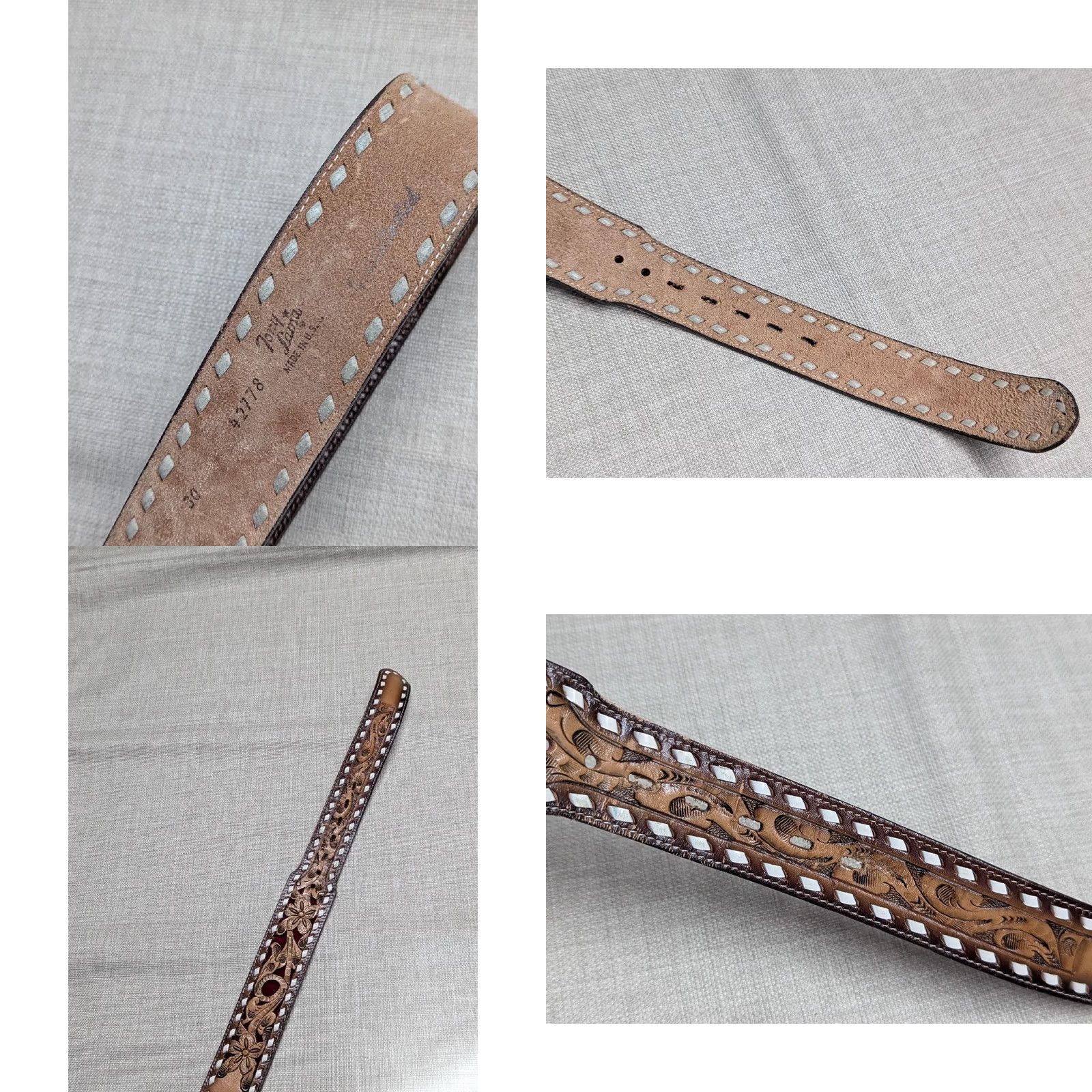 Tony Lama VINTAGE Tony Lama belt Leather WESTERN belt 28 Unisex Adults Brown Tooled Rodeo 1960s 1970s Mens Womens boys girls Size 28 - 8 Thumbnail