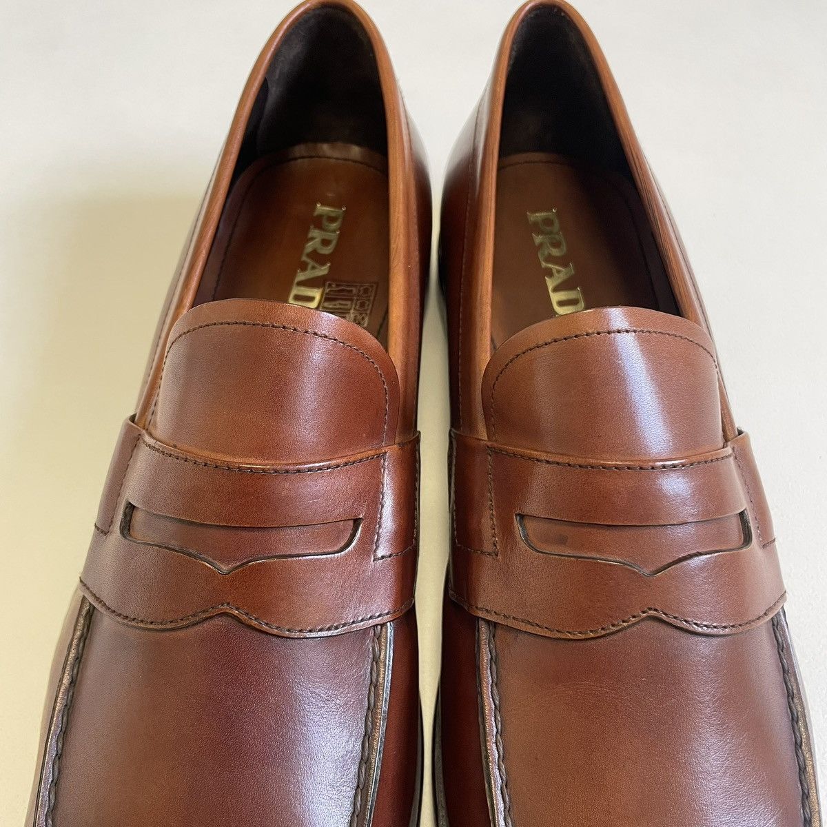 Prada Mid 2000s Brown Burnished Leather Loafers Size US 11.5 / EU 44-45 - 11 Thumbnail