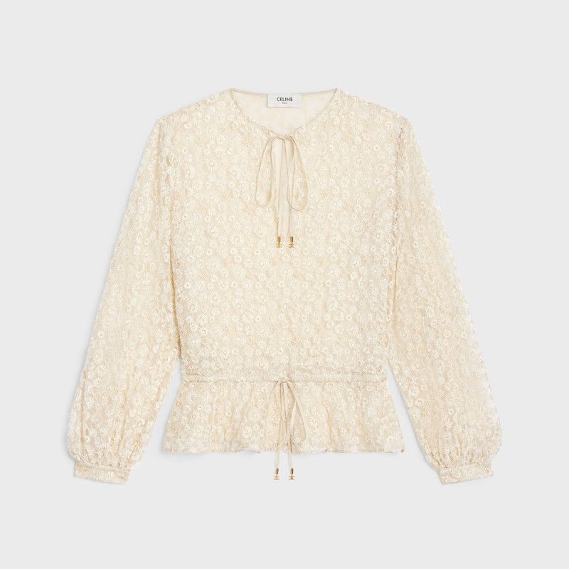 Celine o1w1db10526 2B9904 Embroidered Folk Blouse in Beige Size XXS / US 00 / IT 34 - 1 Thumbnail
