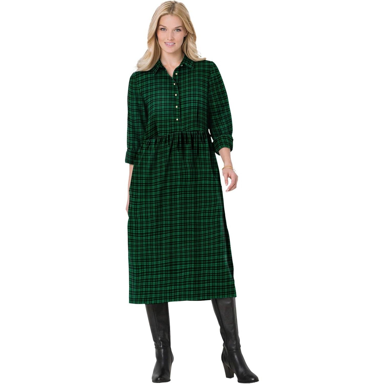 Other Woman Within 26W Plaid Green Black Button Down Dress Pockets Size 4XL / US 24-26 - 8 Thumbnail