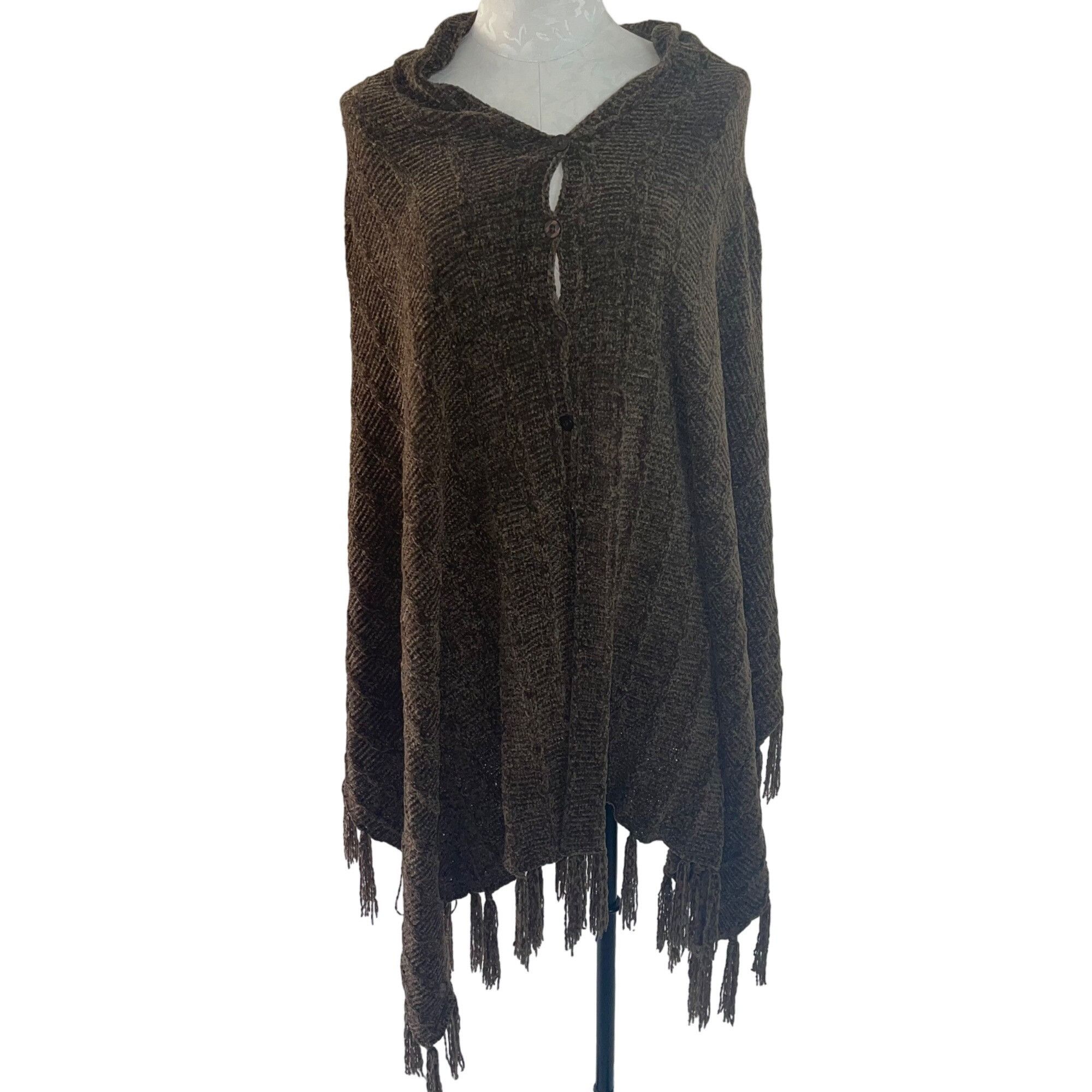 Other Womens Poncho One Size Brown Button Front Fringe Size ONE SIZE - 6 Thumbnail