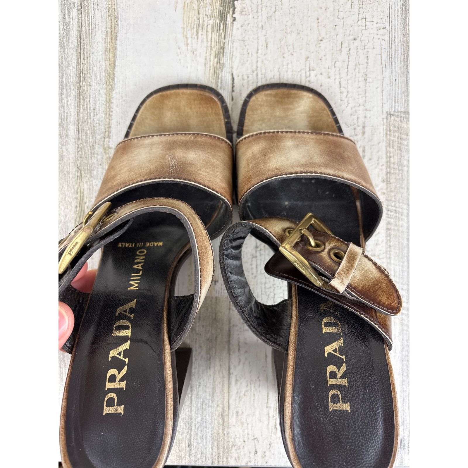 Prada Prada womens 6 vintage heel buckle sandals brown leather Size US 6 / IT 36 - 5 Thumbnail