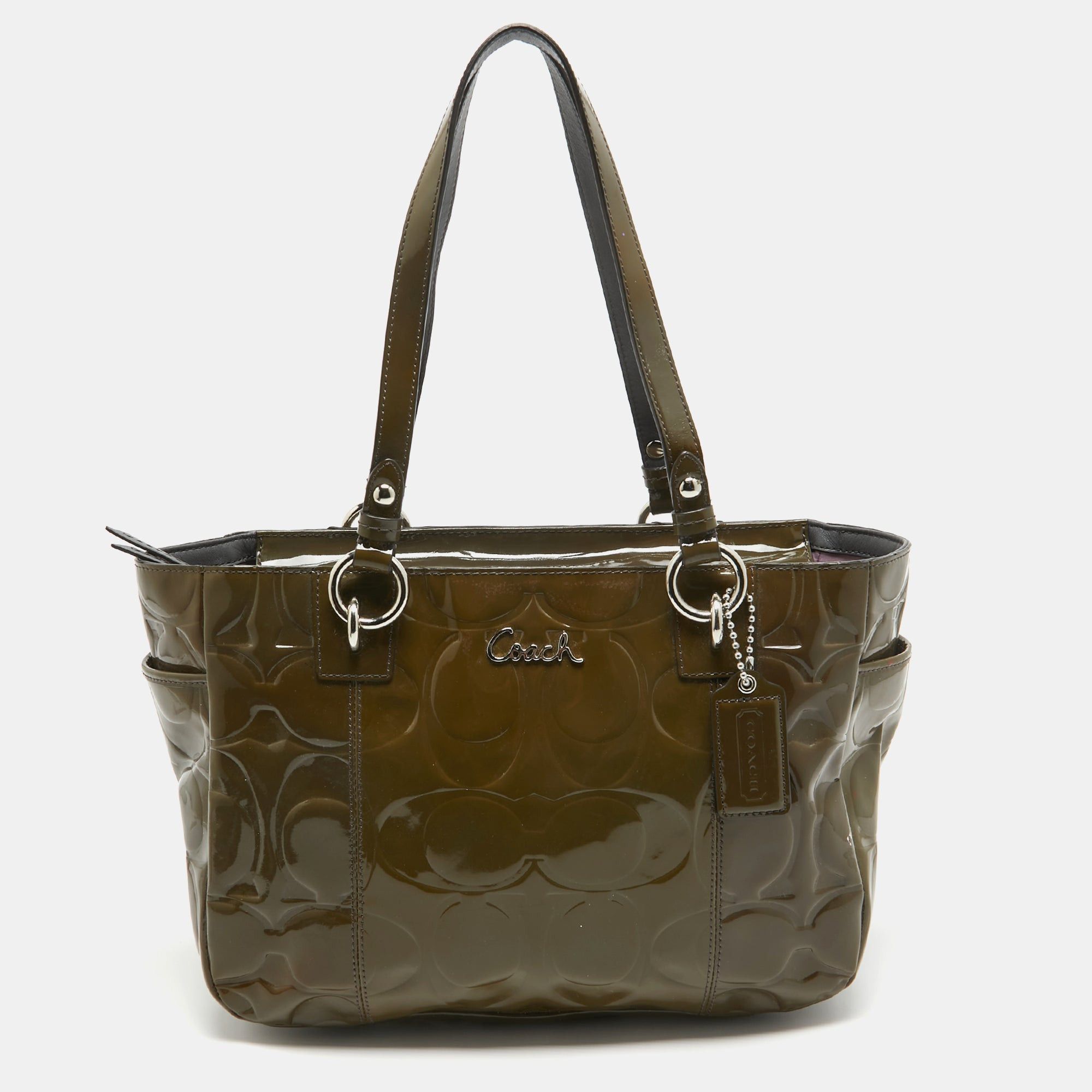 image of Coach Olive Green Op Art Embossed Patent Leather East West Gallery Tote, Women's