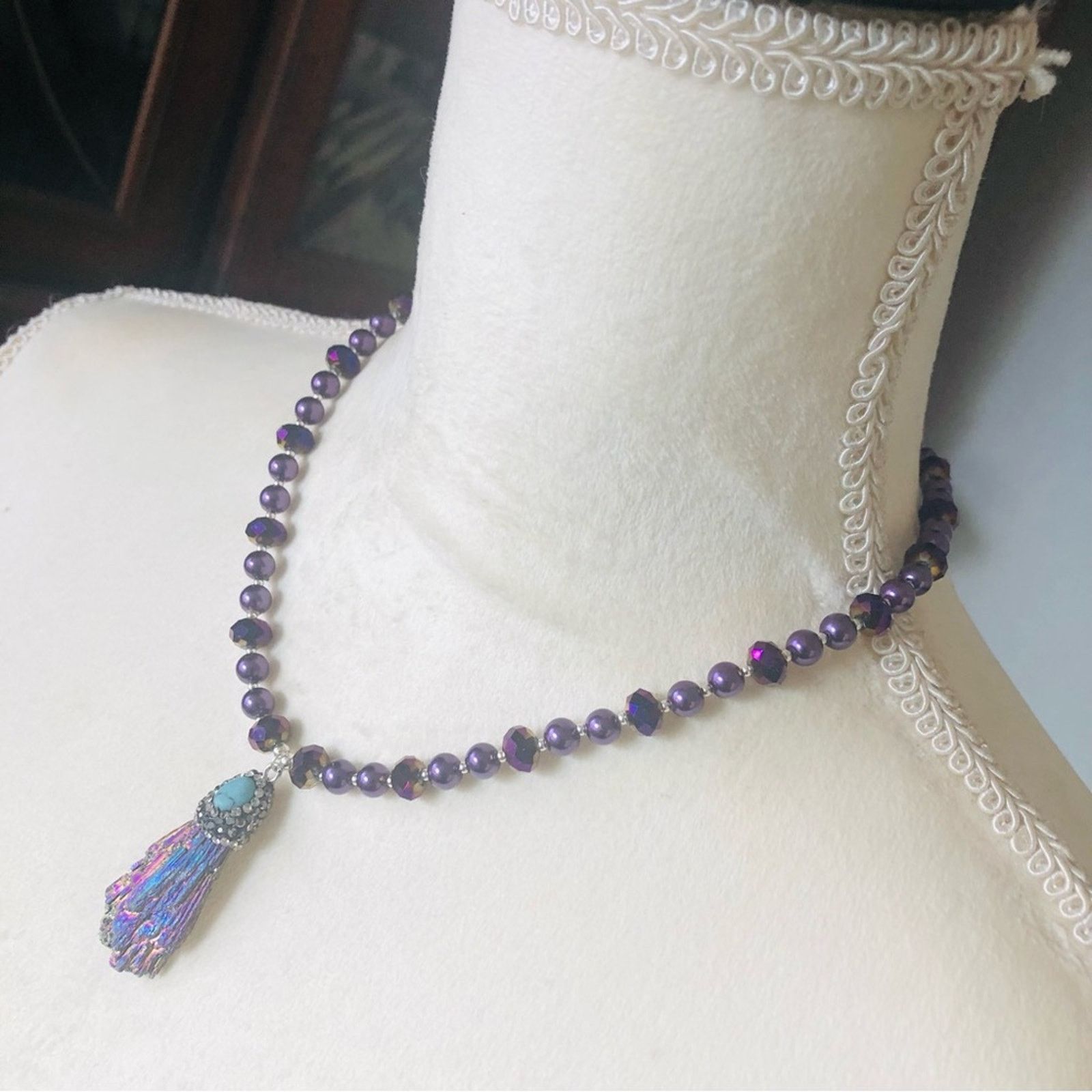 Handcrafted peacock tail tourmaline turquoise Pearl necklace