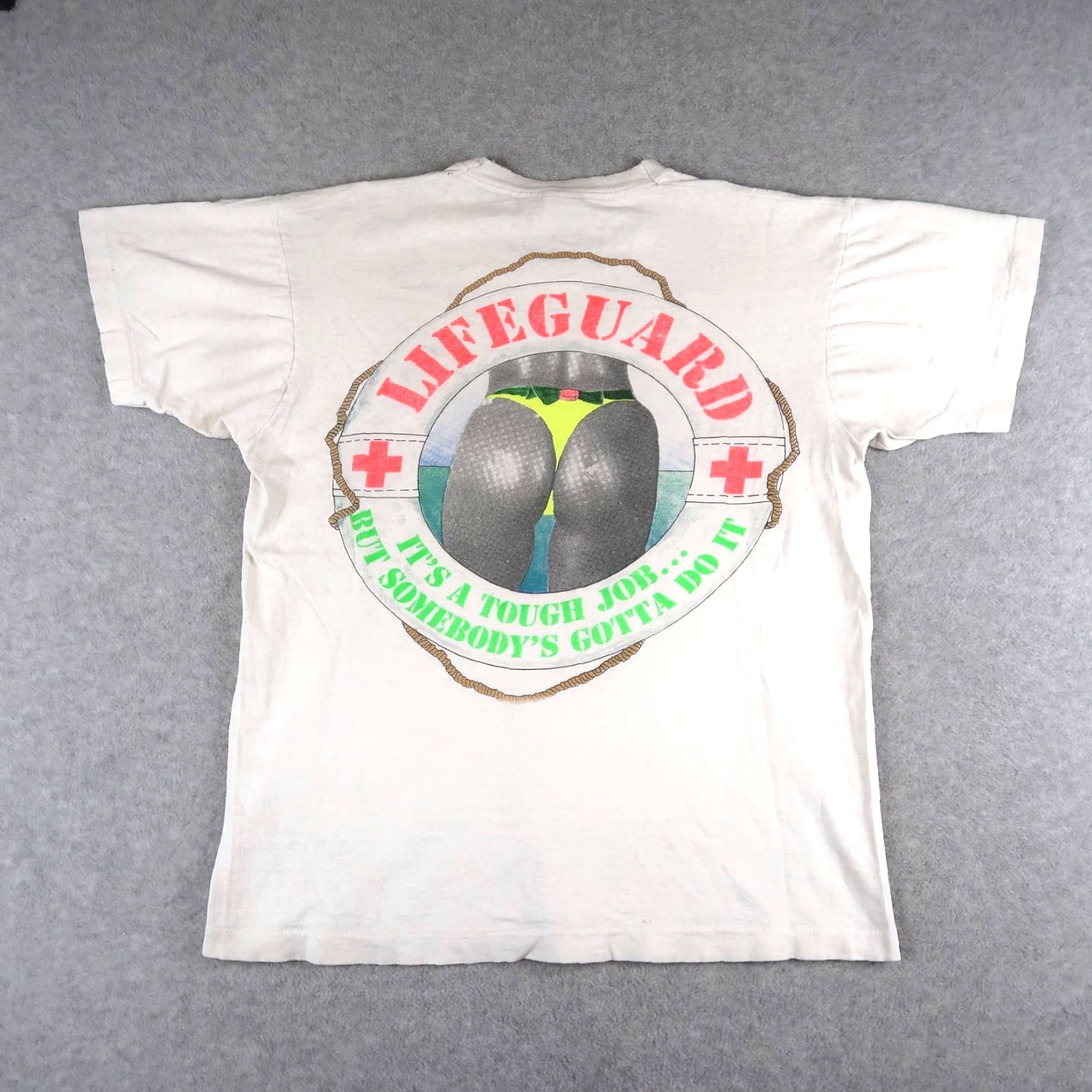 Fruit Of The Loom VINTAGE 90s T-Shirt Lifeguard Tough Job Somebody Gotta Do It Single Stitch Fruit of the Loom White Cotton Graphic Print Crew Neck Short Sleeve Men's L Size US L / EU 52-54 / 3 - 2 Thumbnail