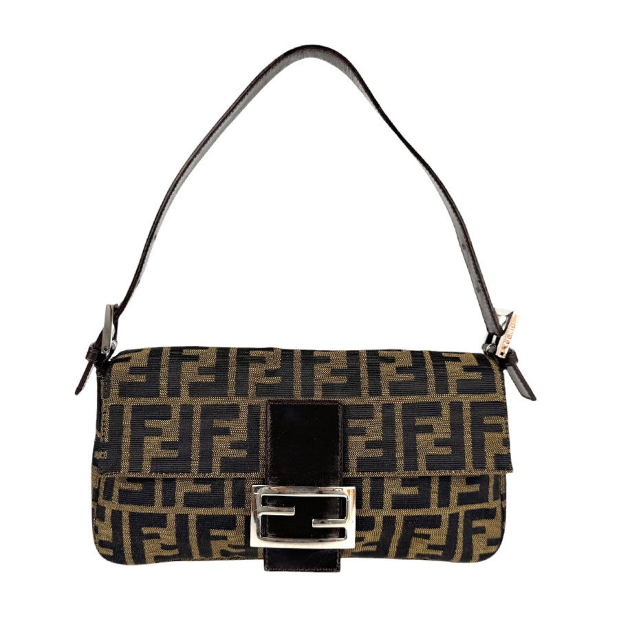 Fendi Shoulder Bag Zucca Baguette Canvas Leather Brown Silver Women's Z4394