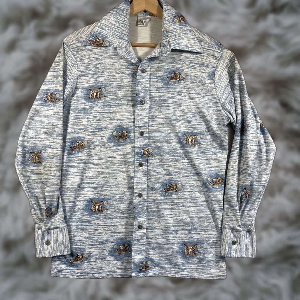 Vintage VINTAGE K Mart Disco Shirt Mens M Blue Abstract Print Dagger Collar 70s Button-Front Long Sleeve Size US M / EU 48-50 / 2 - 1 Thumbnail