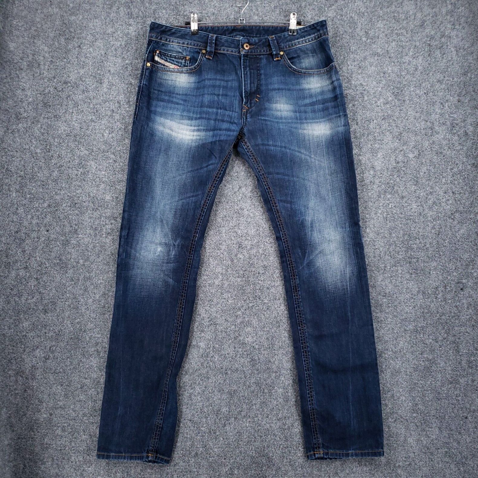 image of Diesel Industry Jeans Mens 34X32 Blue Thavar Slim Skinny Dark Wash Denim Zip Fly in White