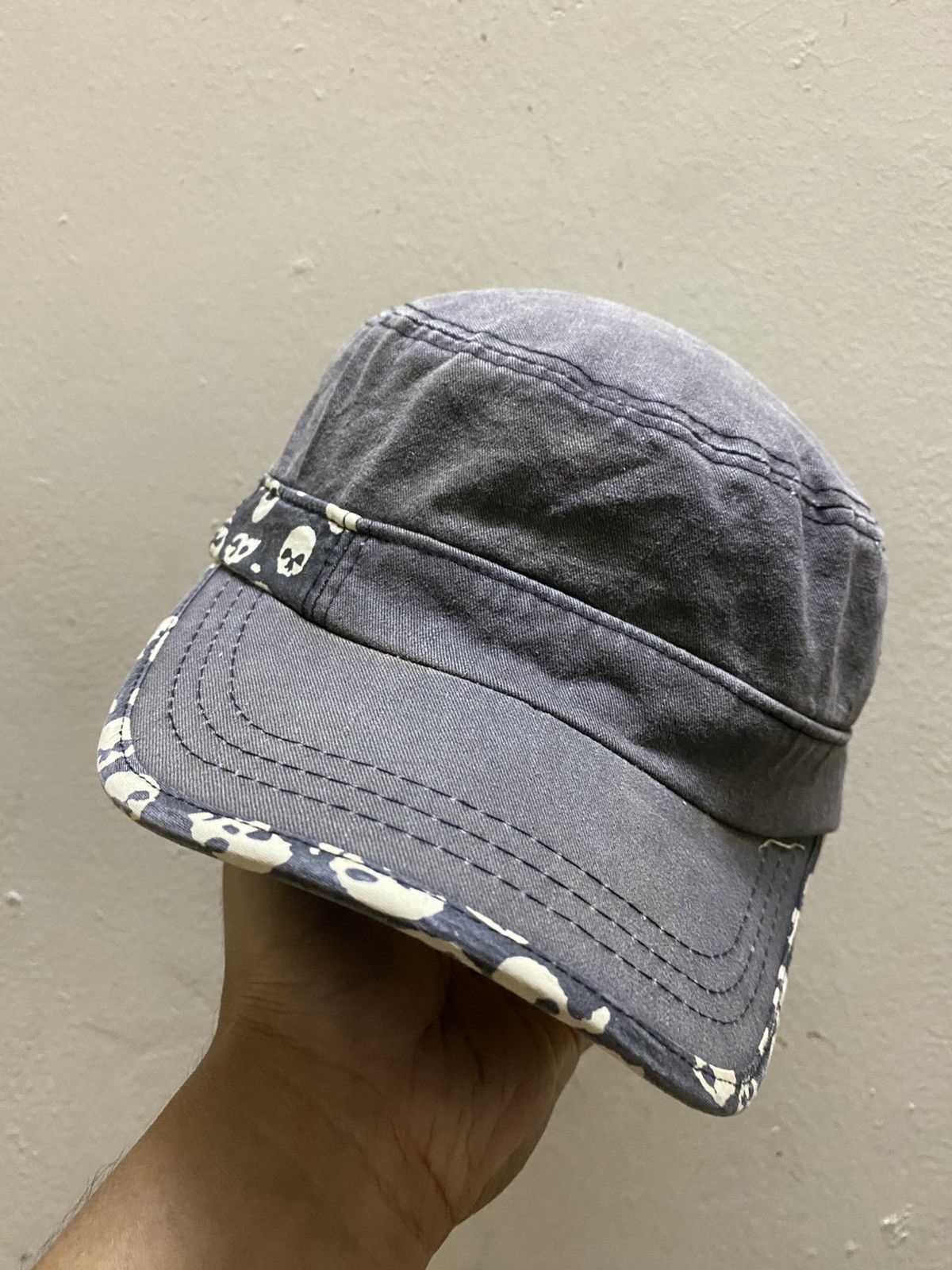 If Six Was Nine Y2K Sun Faded Grey Military Cadet Cap with Skull Print Trim Size ONE SIZE - 1 Thumbnail