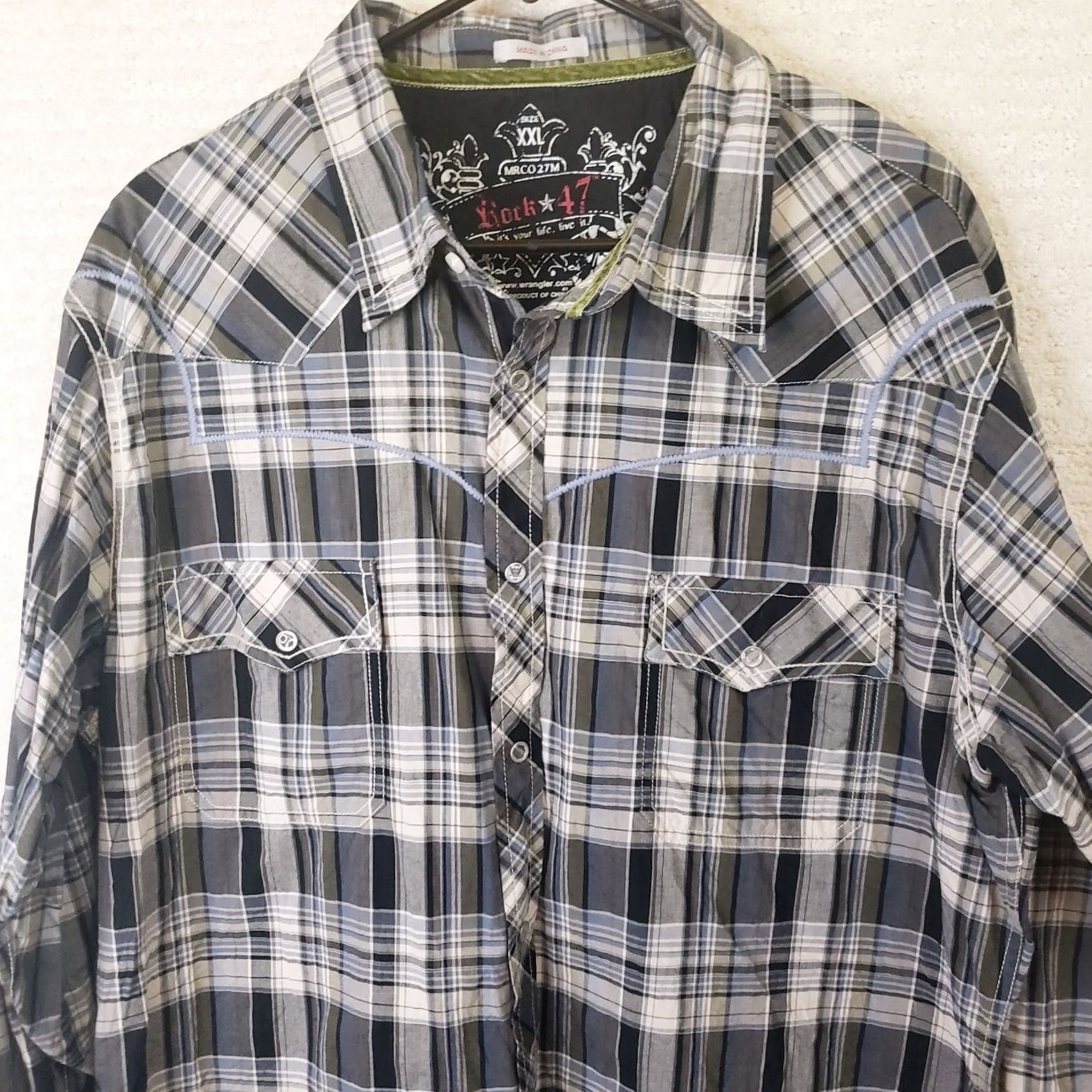 47 Rock 47 Shirt Mens XXL 2XL Long Sleeve Pearl Snap Plaid Gray Black Size US XXL / EU 58 / 5 - 2 Thumbnail