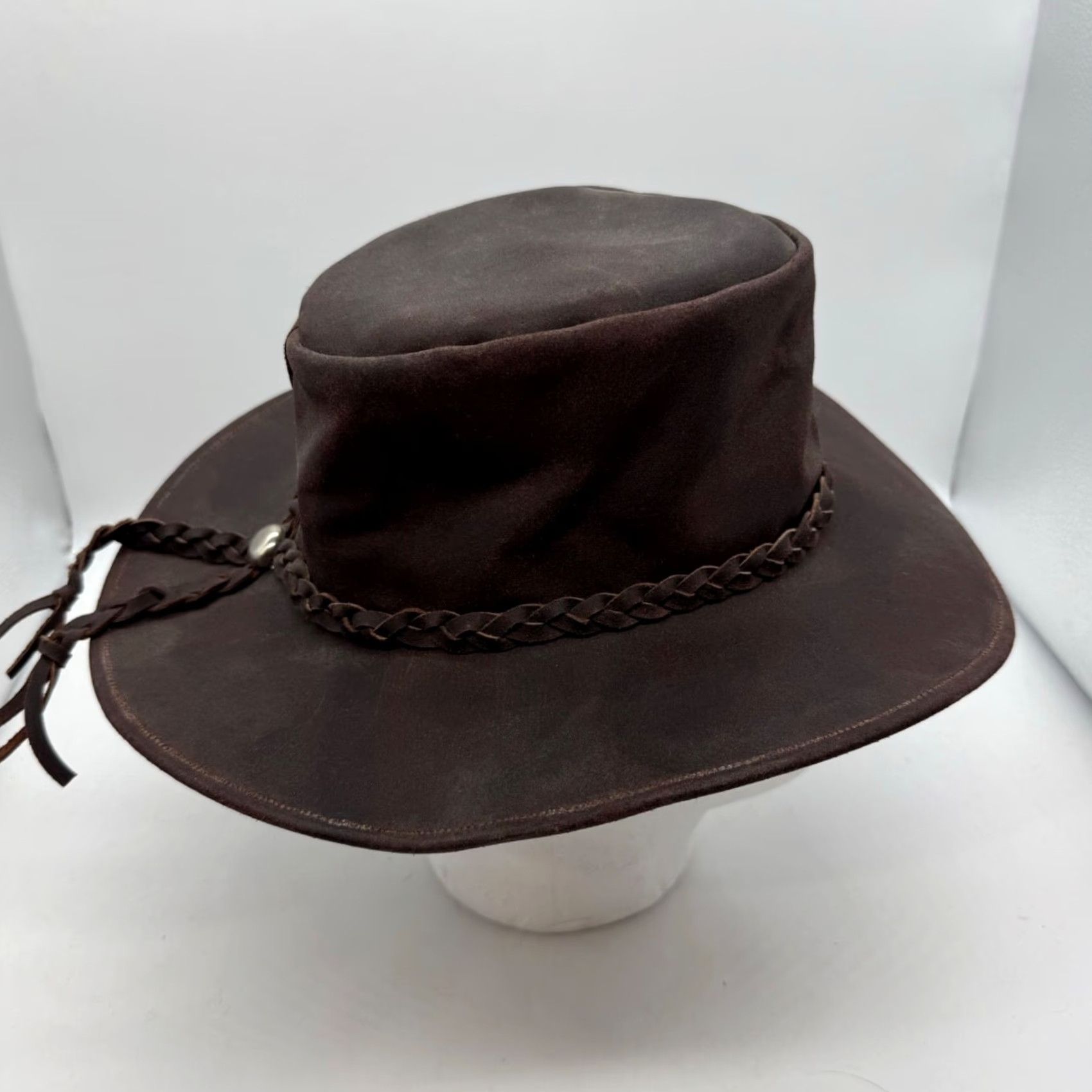 Vintage VINTAGE Mens Leather Australian Outback Hat Size Small Brown Braided Hatband Size ONE SIZE - 4 Thumbnail