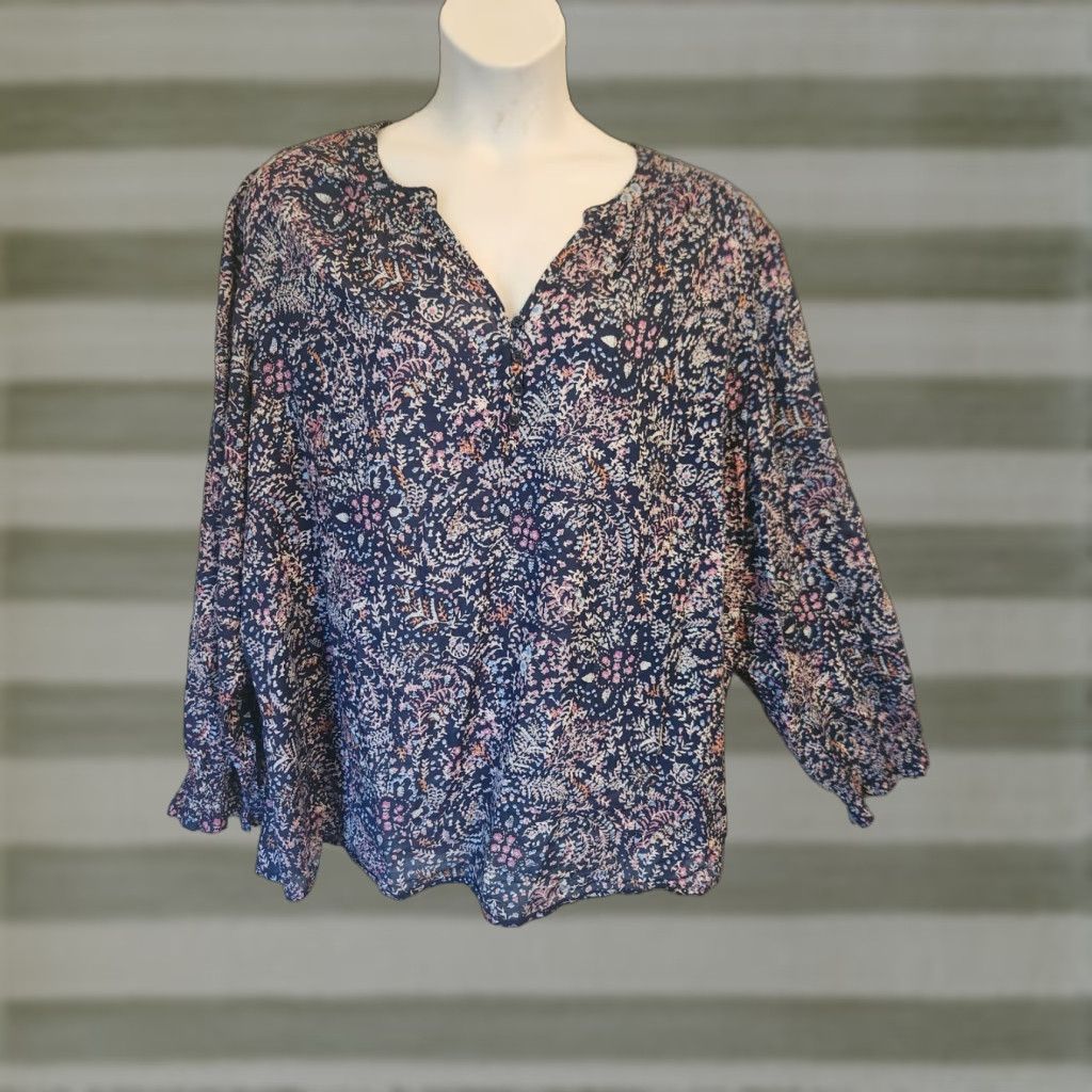 Vintage Sonoma Navy Blue Floral Pattern Smocked Long Sleeve Shirt 4X Size XXL / US 16-18 / IT 52-54 - 1 Thumbnail