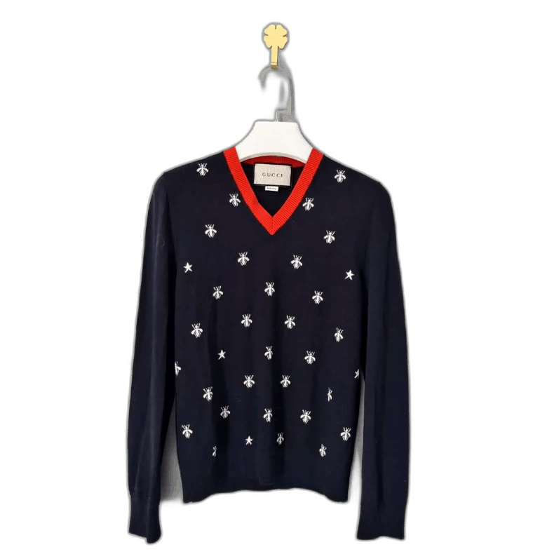 Gucci Gucci Bee Embroidered V-Neck Sweater-yf Size US S / EU 44-46 / 1 - 1 Thumbnail