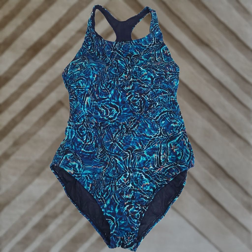 Vintage TYR One Piece Swimsuit Womens XL Blue Abstract Water Ripple UPF 50+ NEW Built-In Bra Racerback Batik Pattern Size ONE SIZE - 1 Thumbnail