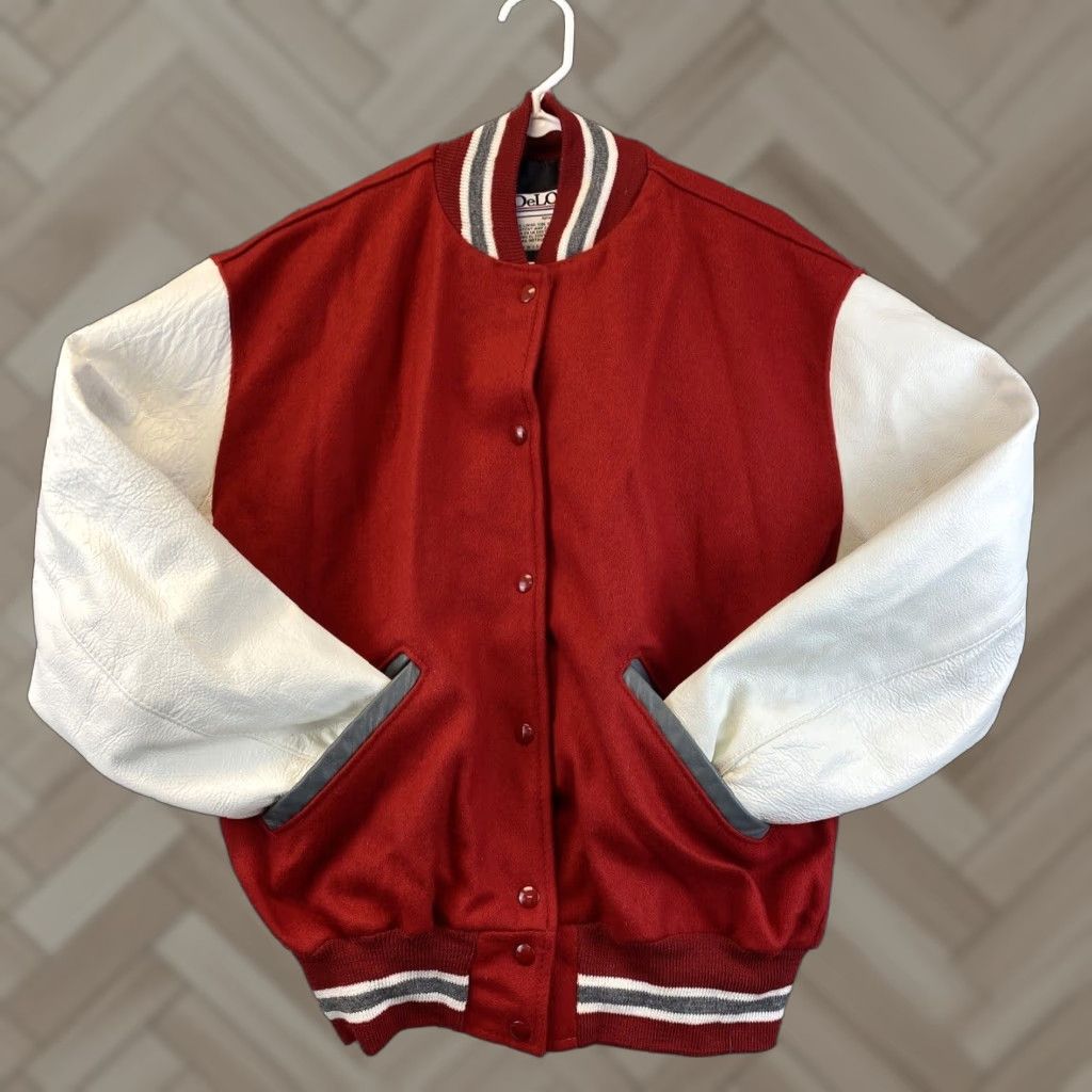 VINTAGE DeLong Varsity Jacket - Wool Red White Men's Medium Retro Fall Winter Spring Colorful Style