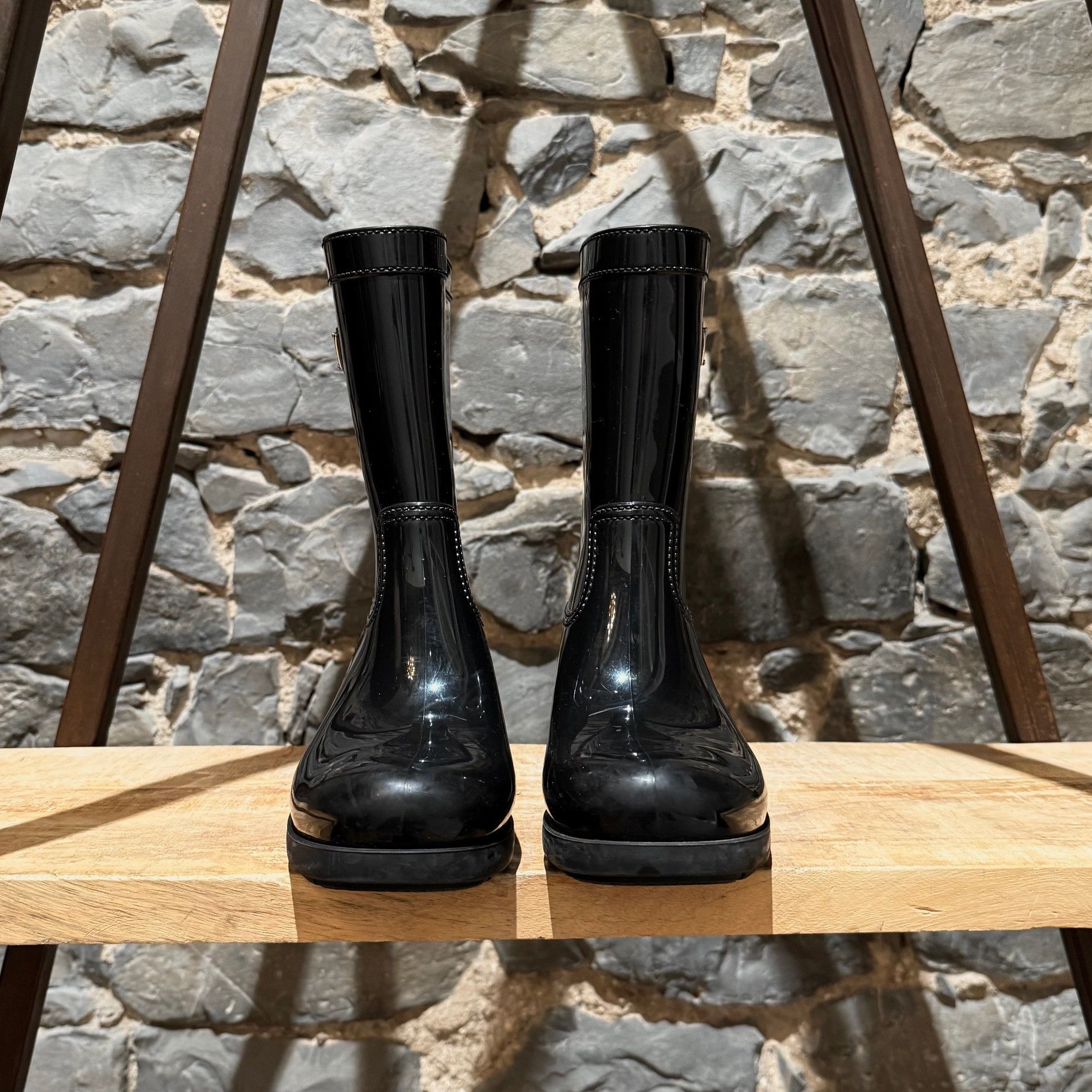 Prada Prada Black Enamel Triangle Mid-Calf Rain Boots Size US 8 / IT 38 - 4 Thumbnail