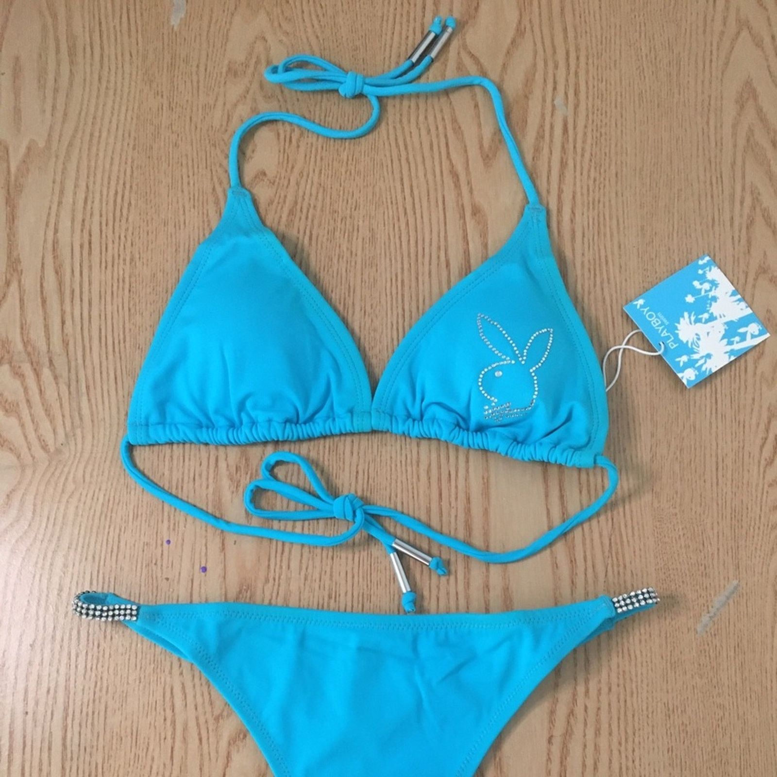 Playboy New 2pc Vintage Playboy Thong Bikini Swimsuit Diamonds Large Size ONE SIZE - 1 Thumbnail