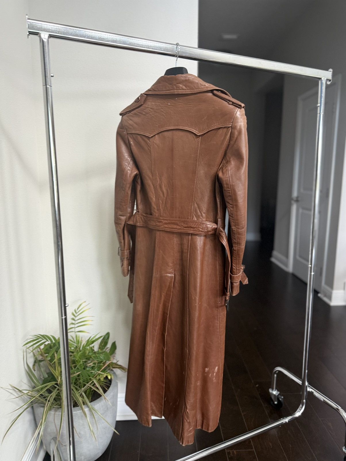 Other 80s Brown Leather Trench Coat Full Belt Wrist Buckles Size S / US 4 / IT 40 - 14 Thumbnail
