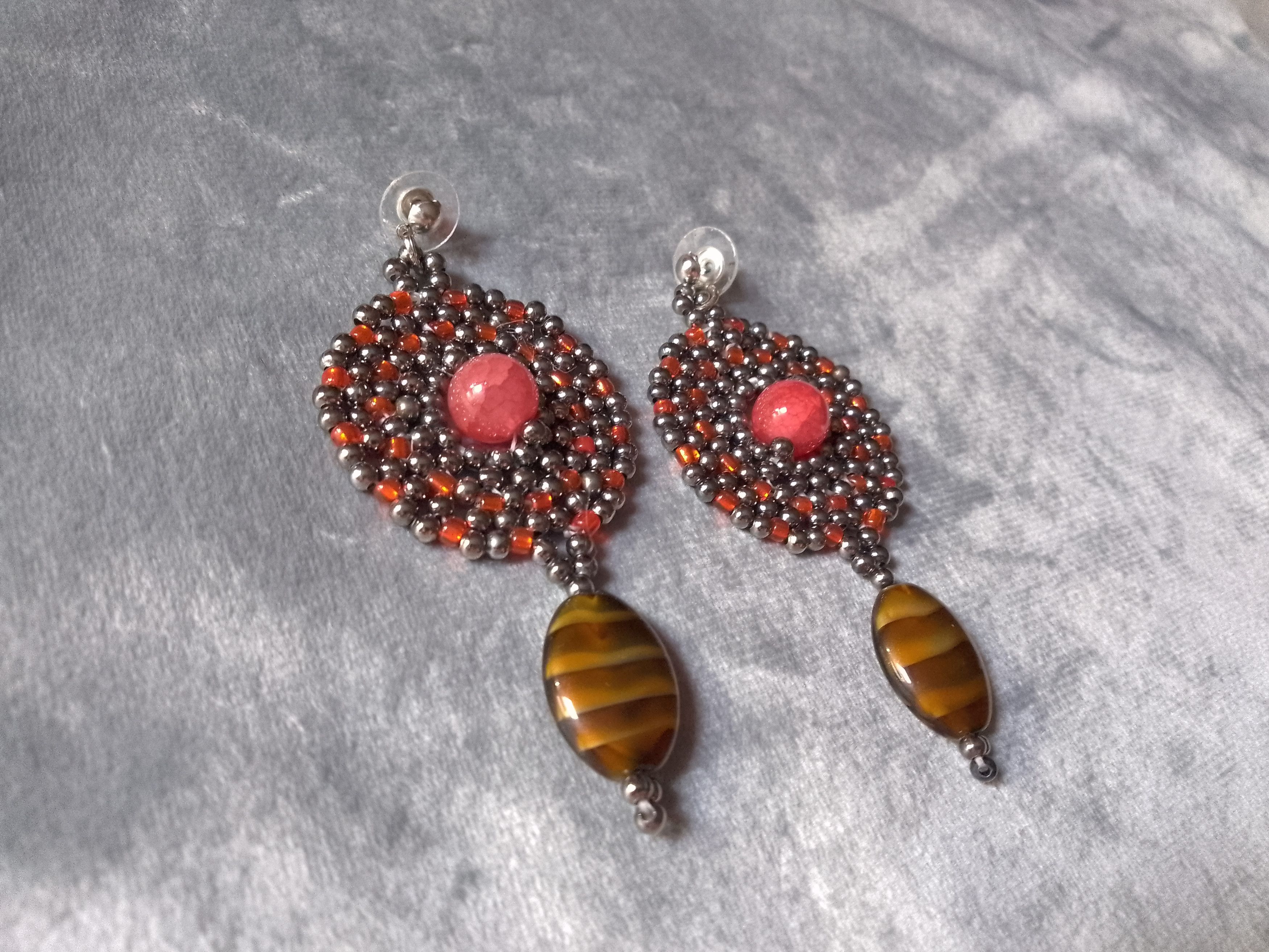 Handmade Earrings Vintage brass Long Red agate+eye of tiger gemstones Size ONE SIZE - 3 Thumbnail