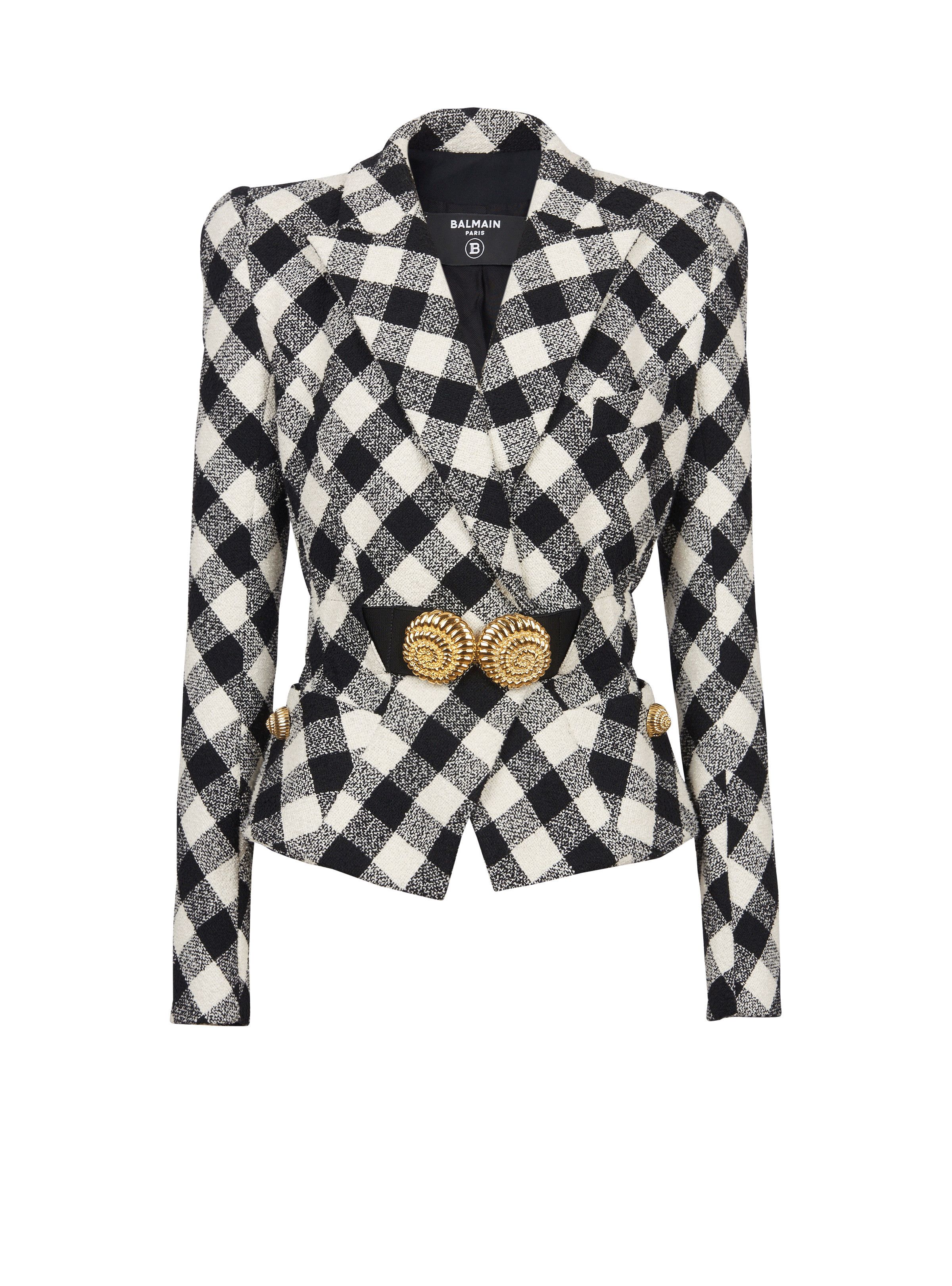 Balmain o1s1wg111025 Belted Gingham Tweed Jacket in Black/White Size L / US 10 / IT 46 - 1 Thumbnail