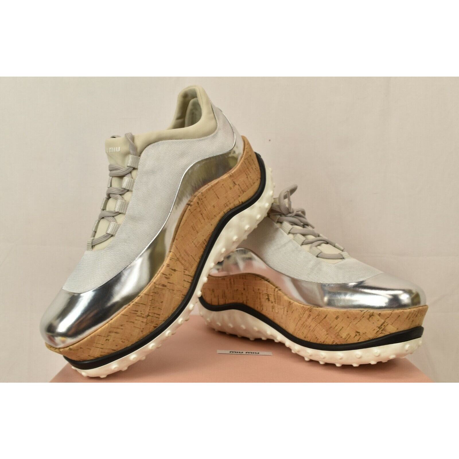 Miu Miu 5E281A SILVER PATENT LEATHER CORK PLATFORM SNEAKERS 40.5 Size US 10.5 / IT 40.5 - 1 Thumbnail