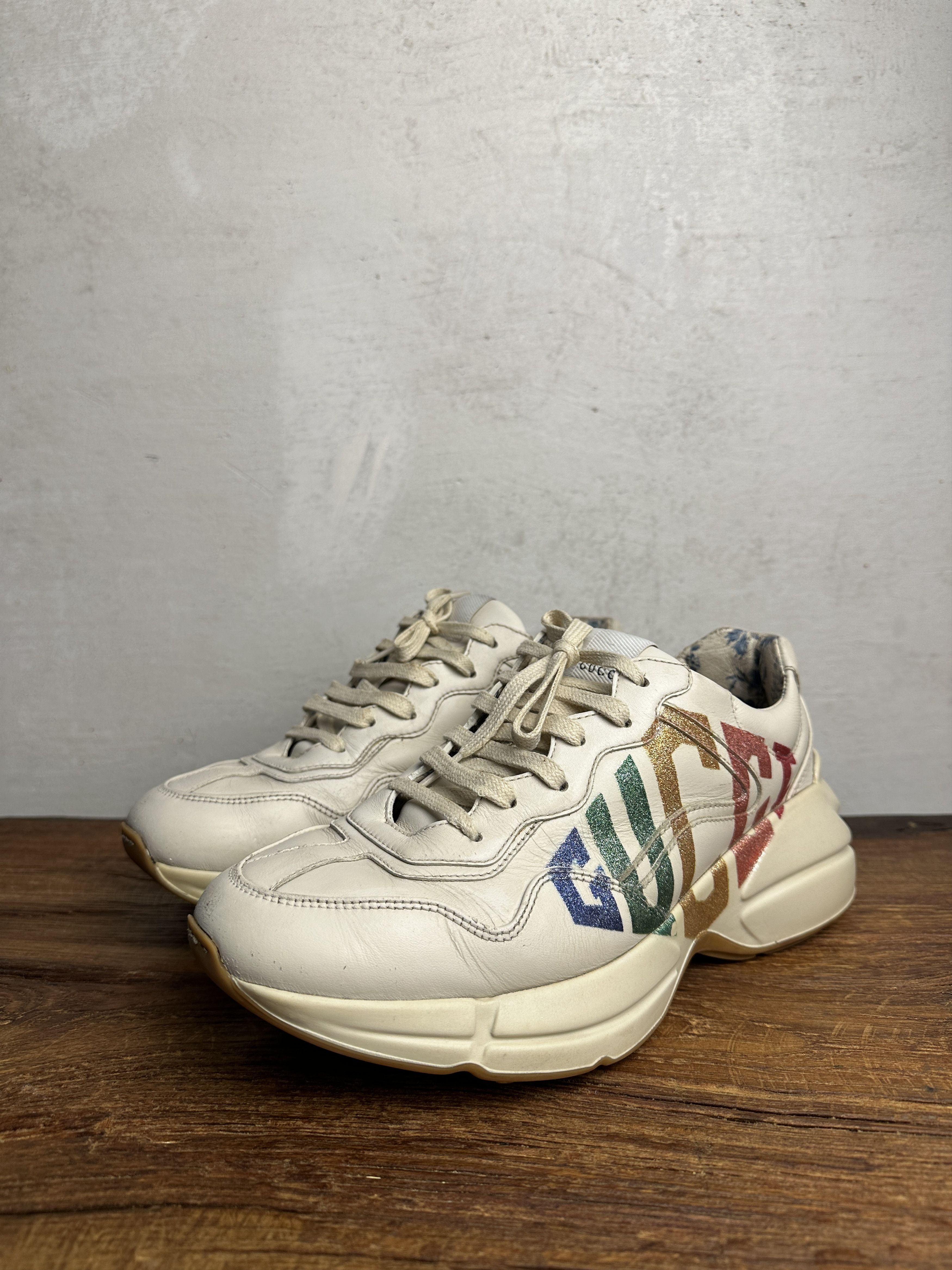 Gucci Gucci Beige Leather Glitter Rhyton Lace Up Sneakers Size US 8 / IT 38 - 2 Thumbnail