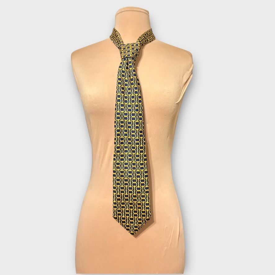 Burberry Burberry Horsebit Tie Navy Blue Yellow Silk Classic Preppy A Size ONE SIZE - 8 Thumbnail