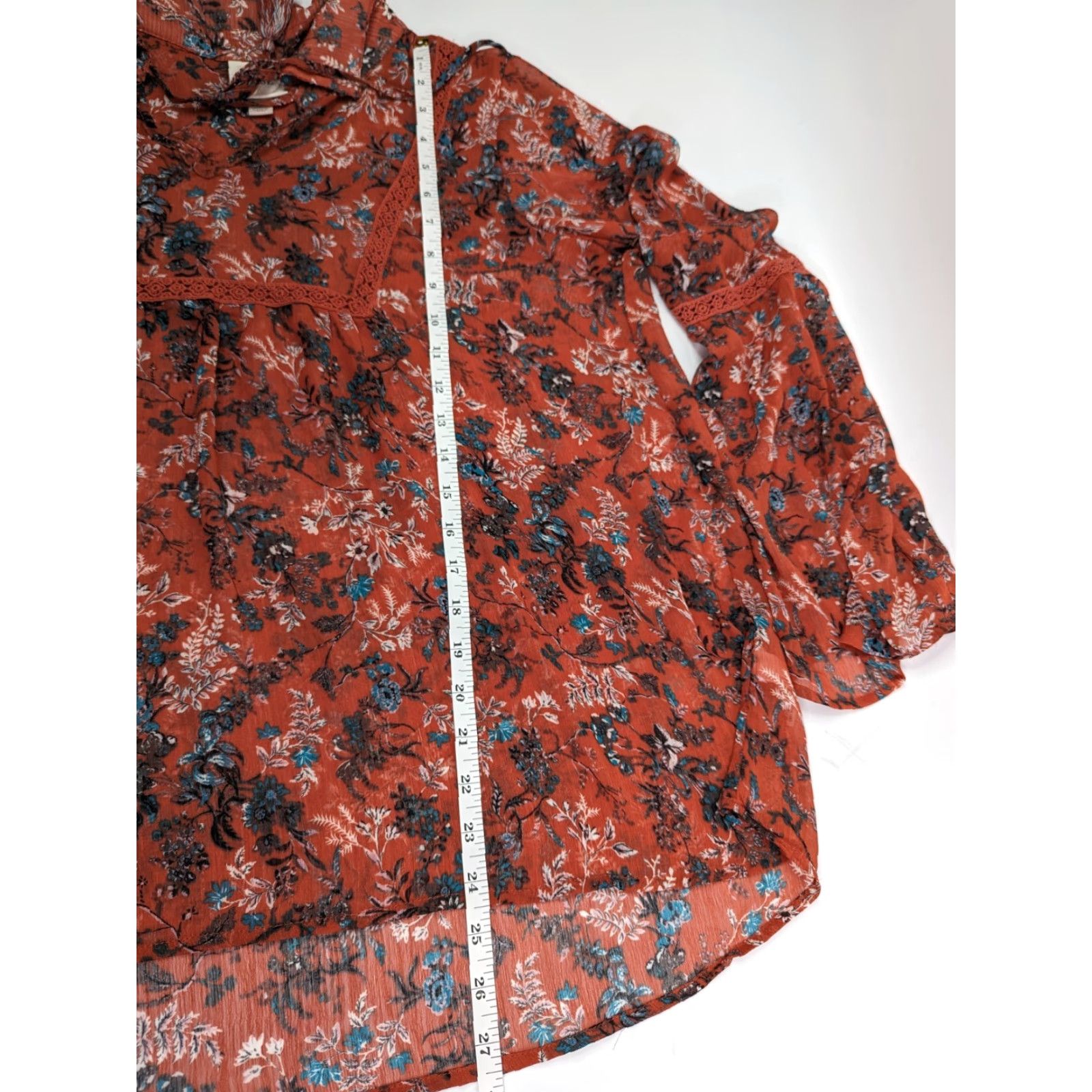 Vintage Knox Rose Blouse Terracotta Floral Sheer Long Bell Sleeve V Neck Tassel Women's L Size L / US 10 / IT 46 - 5 Thumbnail
