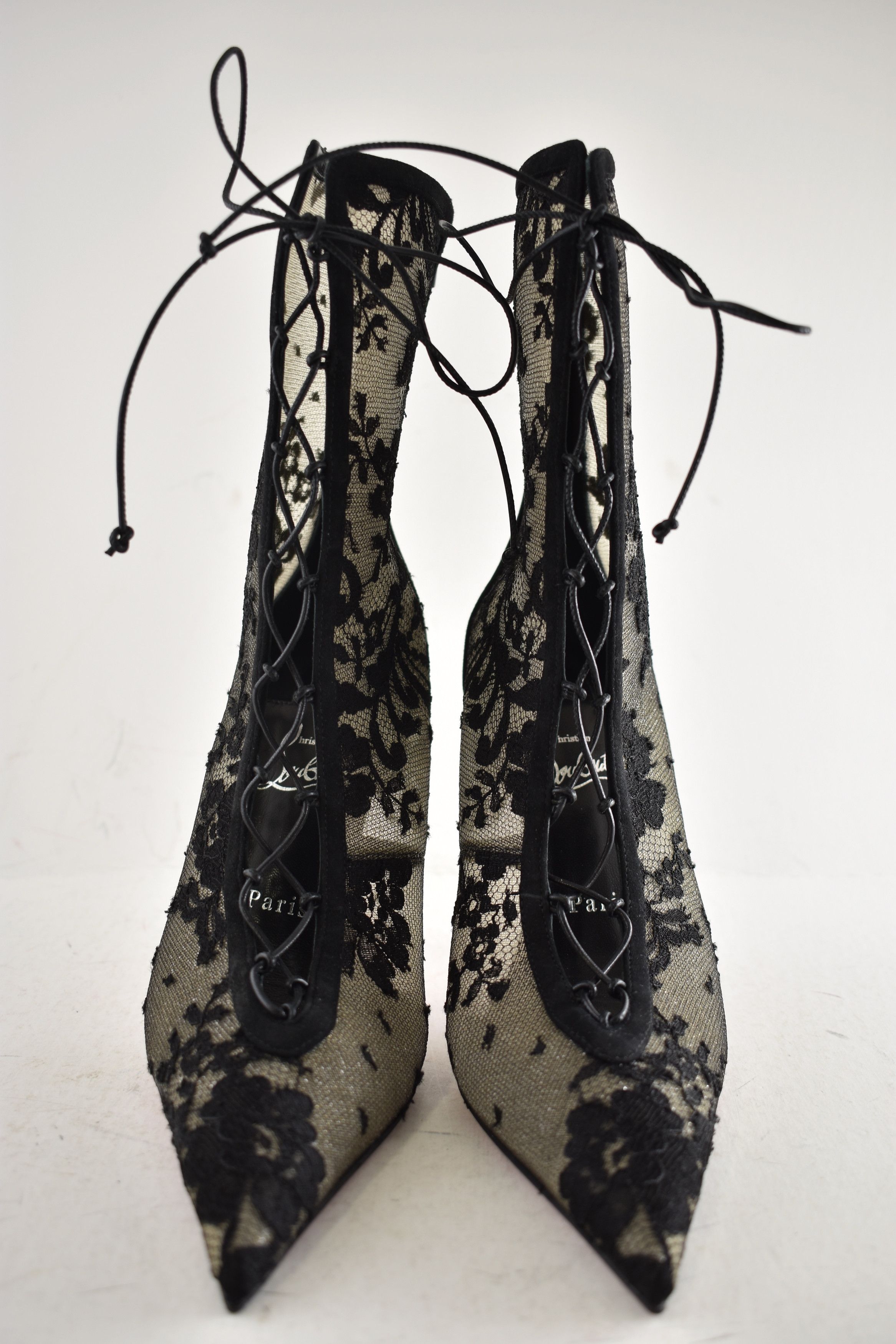 Christian Louboutin KM Lace Booty 100 Black Mesh Lace Up Ankle Heel Bootie 40 Size US 10 / IT 40 - 9 Thumbnail