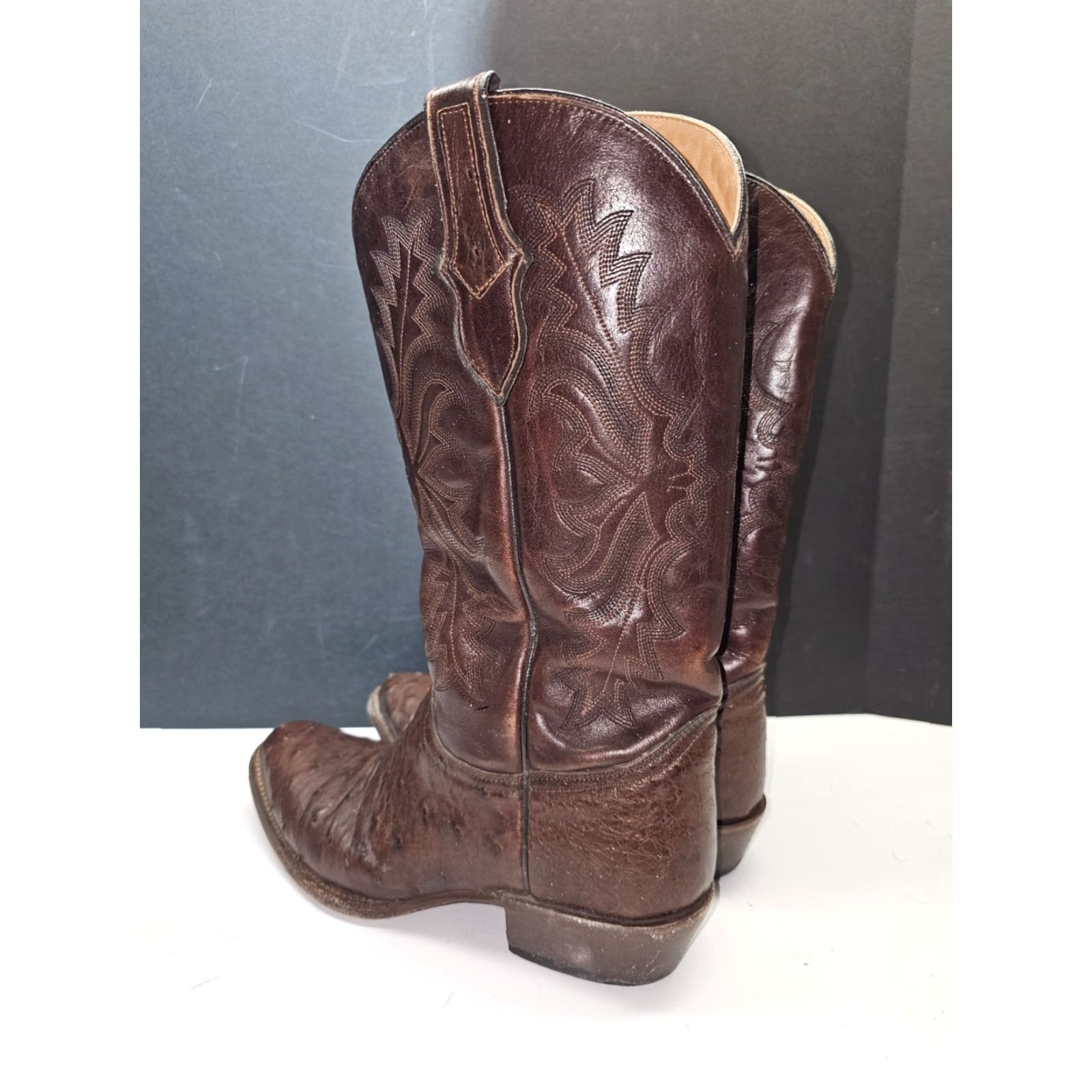 Stetson VINTAGE John B Stetson Cowboy Western Boots Men’s Sz 9D Brown Leather Ostrich Handmade Mid-Calf Shaft Pointed Toe Pull On D Width Boots Size US 9 / EU 42 - 7 Thumbnail