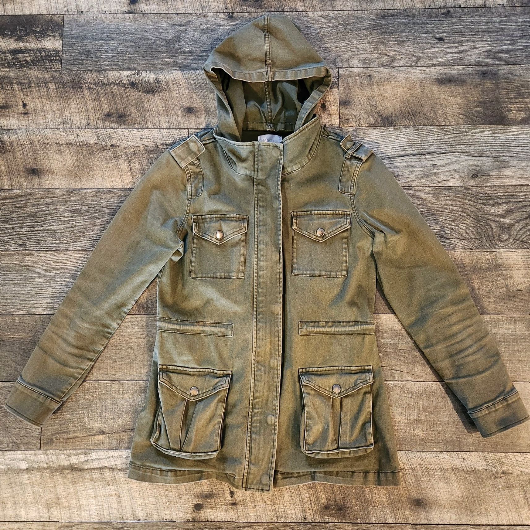 Market Womens Market & Spruce Jacket Size S Military Green Pockets Removable Hood Full Zip Snap Casual Narrow Size S / US 4 / IT 40 - 2 Thumbnail