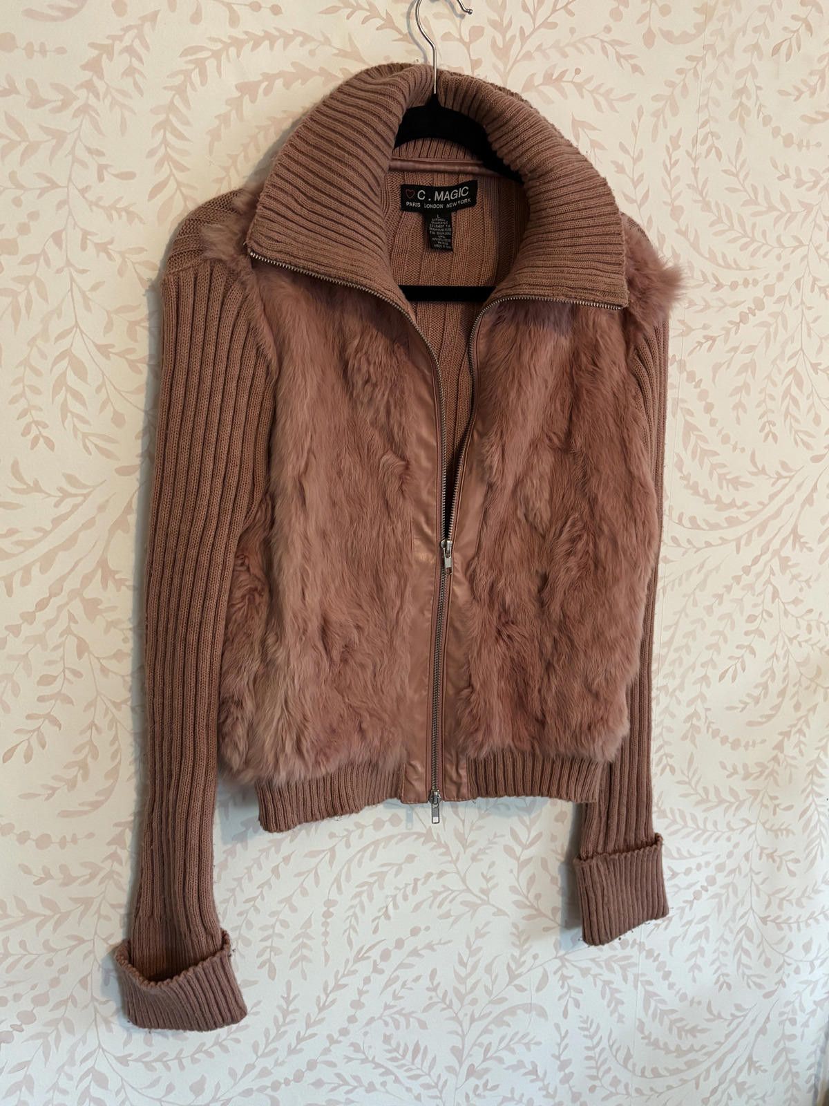 Designer C. Magic Women's AUTH Fur and Ribbed Knit Zip-Up Sweater L Size L / US 10 / IT 46 - 3 Thumbnail