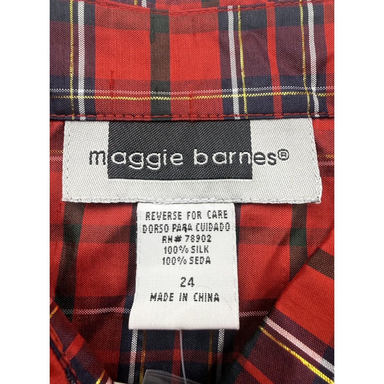 Vintage Maggie Barnes Shirt Womens 24 Red Plaid Collared 3/4 Sleeve Silk Top Size 4XL / US 24-26 - 3 Thumbnail