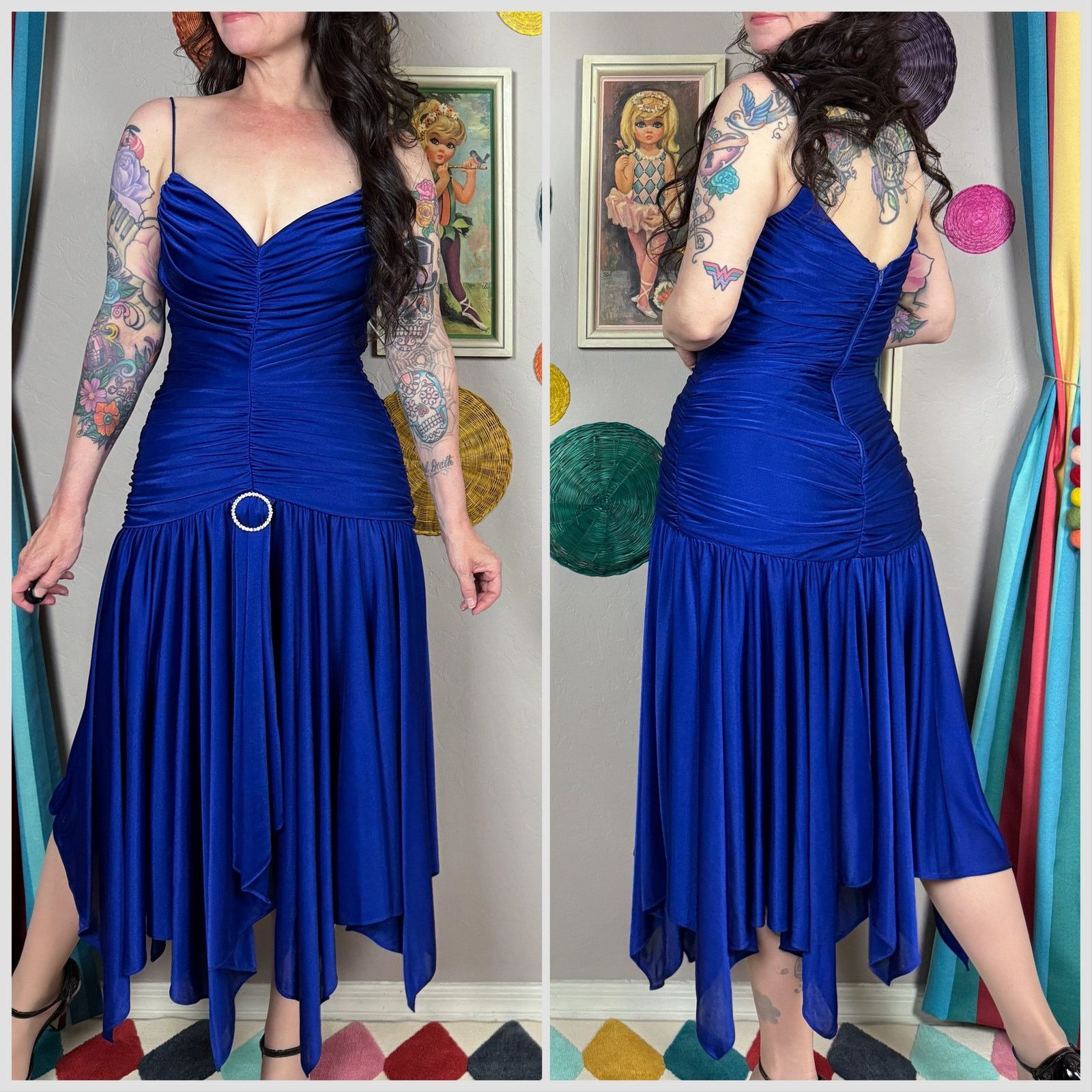 Vintage Vintage 1970s Royal Blue Ruched Mermaid Disco Dress Size XS / US 0-2 / IT 36-38 - 3 Thumbnail