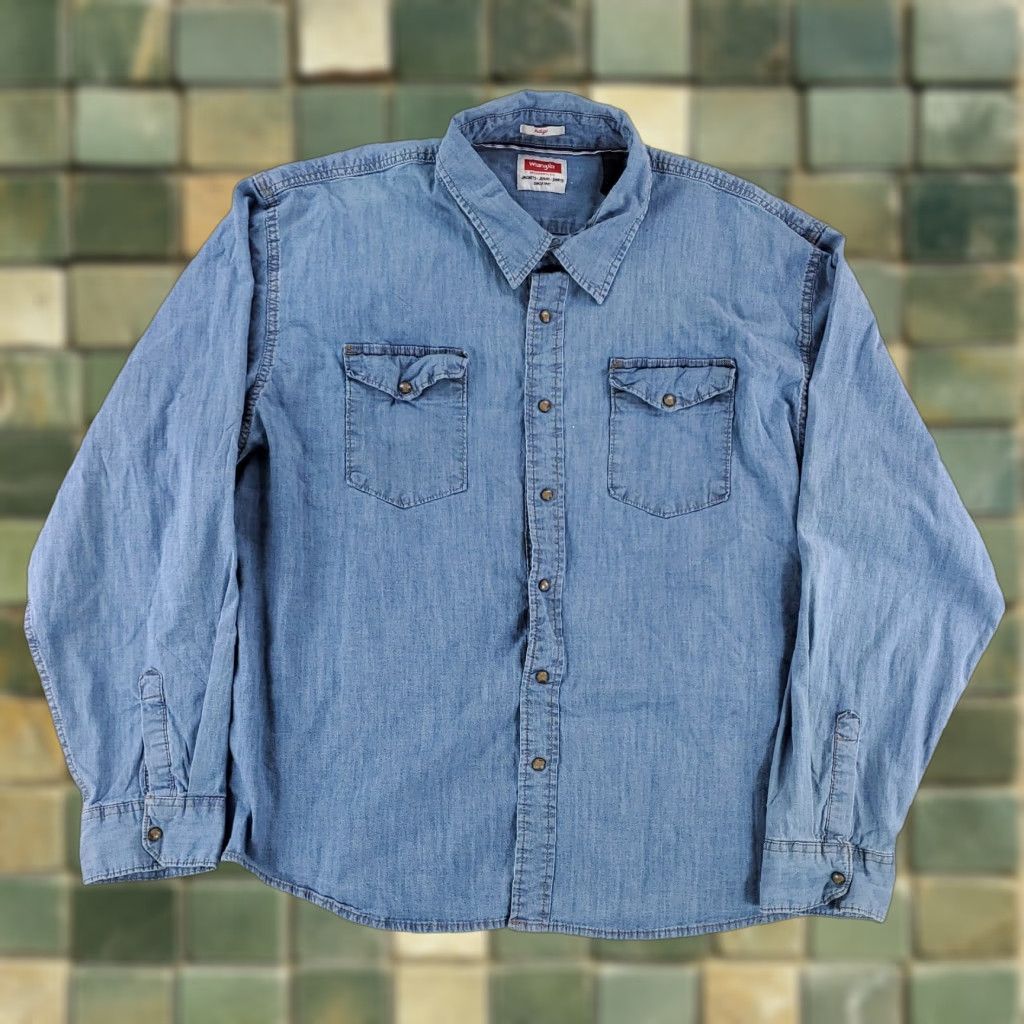 Wrangler Wrangler Denim Chambray Pearl Snap Shirt Western Blue Long Sleeve Mens 3XL Size US XXL / EU 58 / 5 - 1 Thumbnail