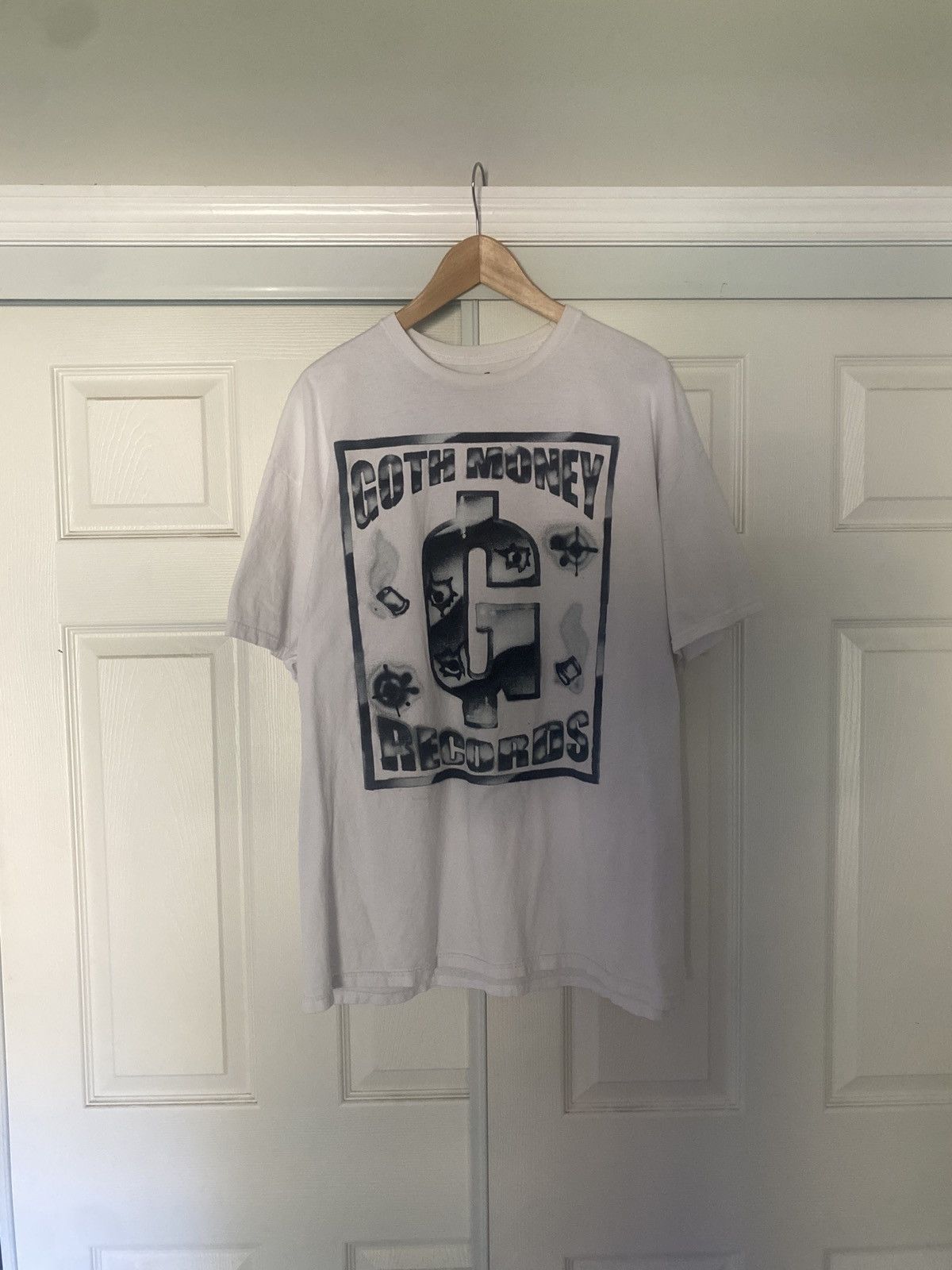 image of Drain Gang x Goth&money Goth Money Records Bullet Hole Tee in White, Men's (Size 2XL)