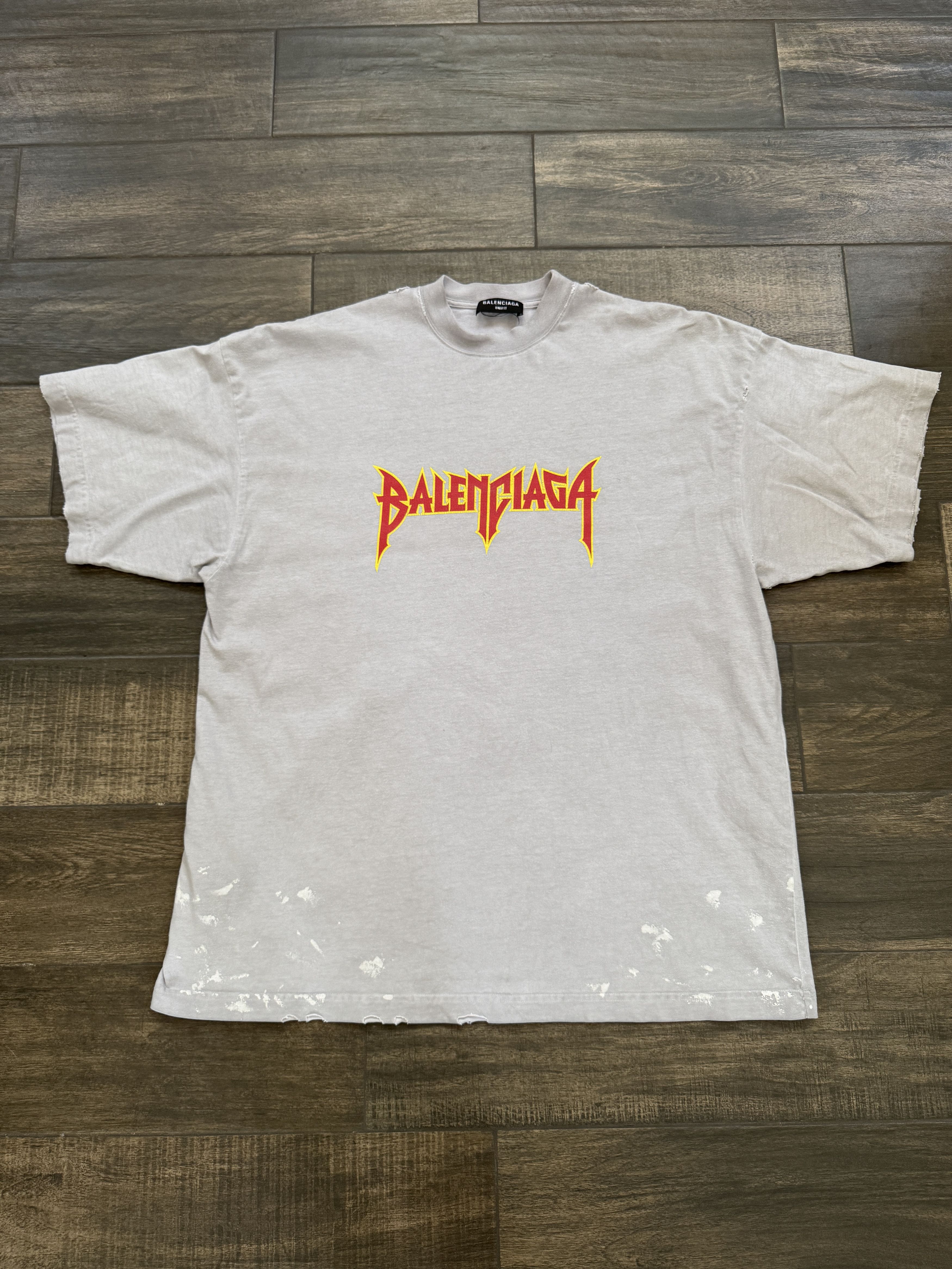 Balenciaga Distressed Metal Logo Tee Gray Red | Grailed