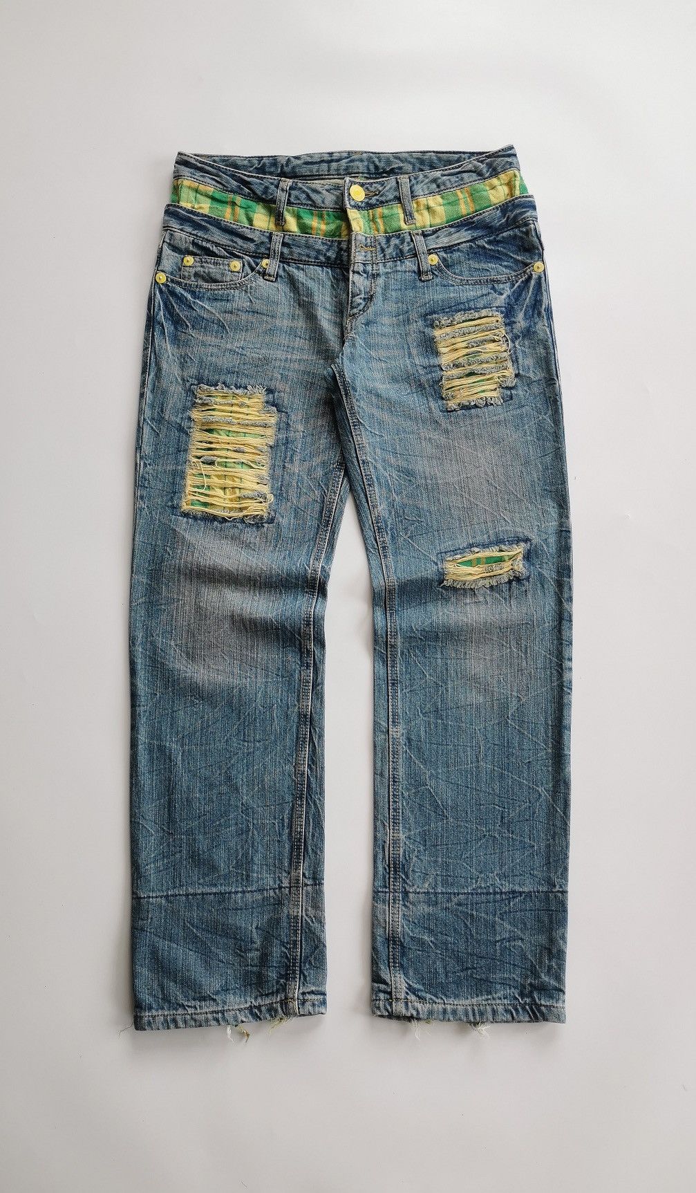 Japanese Brand Double Waist Patchwork Green Denim Jeans Size US 32 / EU 48 - 2 Thumbnail