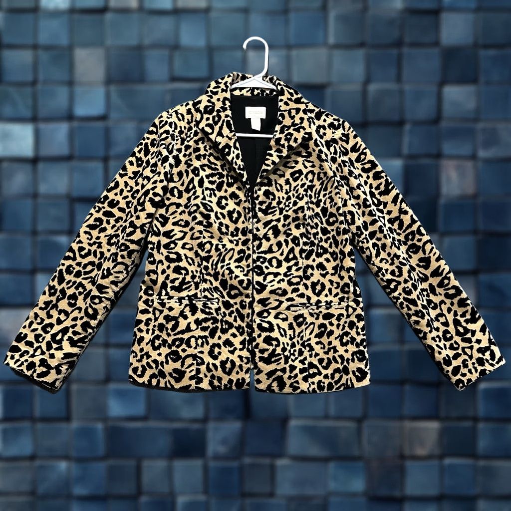 Vintage Chico's Blazer Womens Size 0 Beige Leopard Print Lined Velveteen Open Front EUC Jacket Size XS / US 0-2 / IT 36-38 - 1 Thumbnail