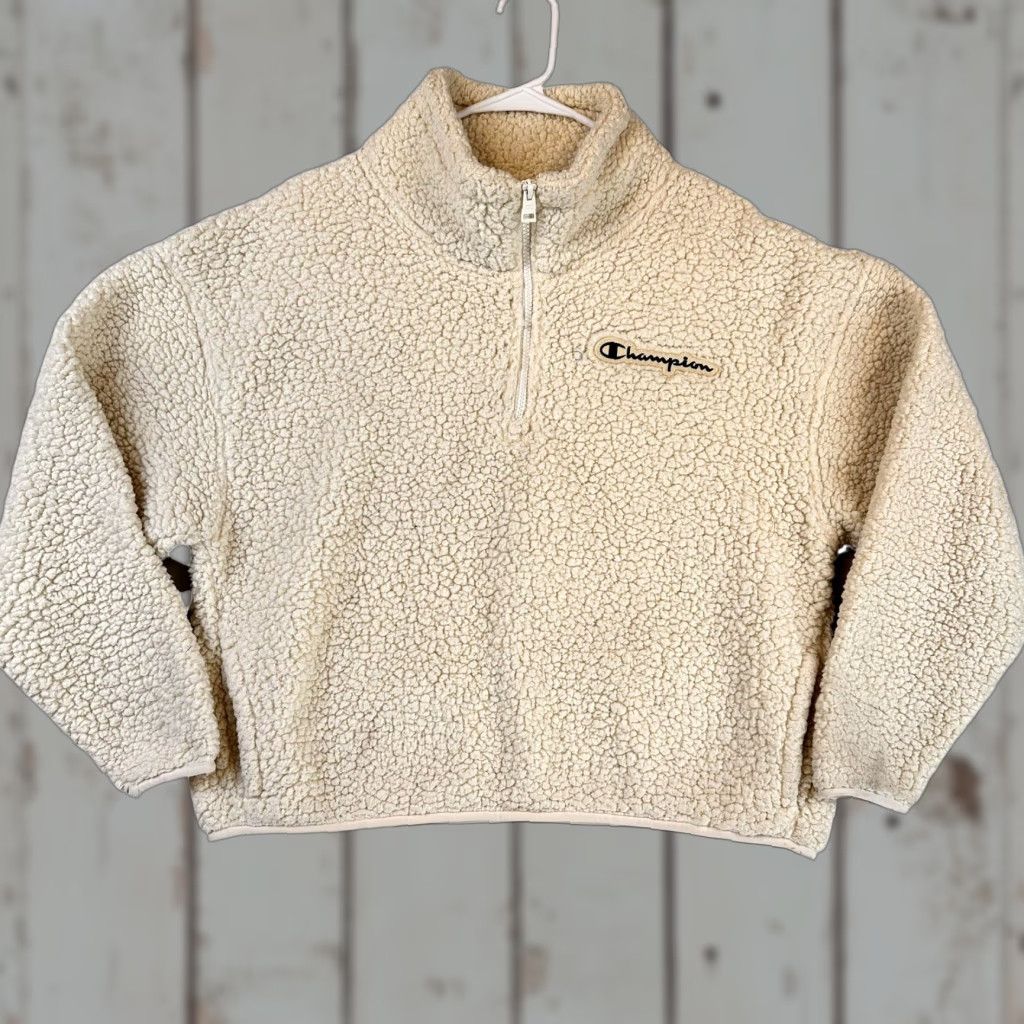 Champion Champion Pullover Womens Medium Cream Sherpa Fleece Quarter Zip Script Logo Sweatshirt Size M / US 6-8 / IT 42-44 - 1 Thumbnail