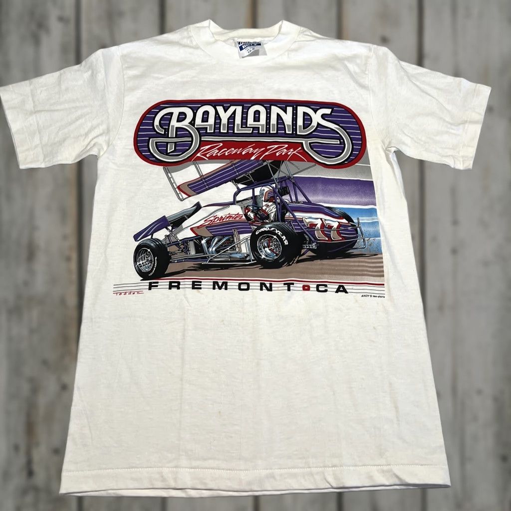 Hanes VINTAGE 80s Baylands Racing Park Fremont T Shirt Men’s Small Short Sleeve White Cotton Blend Hanes Men Rockabilly Single Stitch Dbl Size US S / EU 44-46 / 1 - 1 Thumbnail