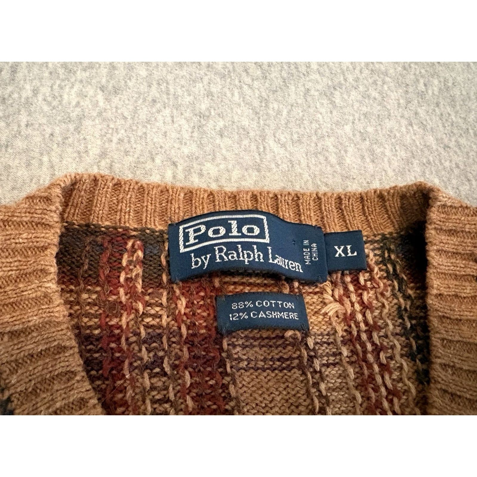Polo Ralph Lauren Polo Ralph Lauren Sweater Men XL Brown Plaid Cashmere Cotton Crew Neck Long Sleeve Elbow Patches Pullover Knit Size US XL / EU 56 / 4 - 2 Thumbnail